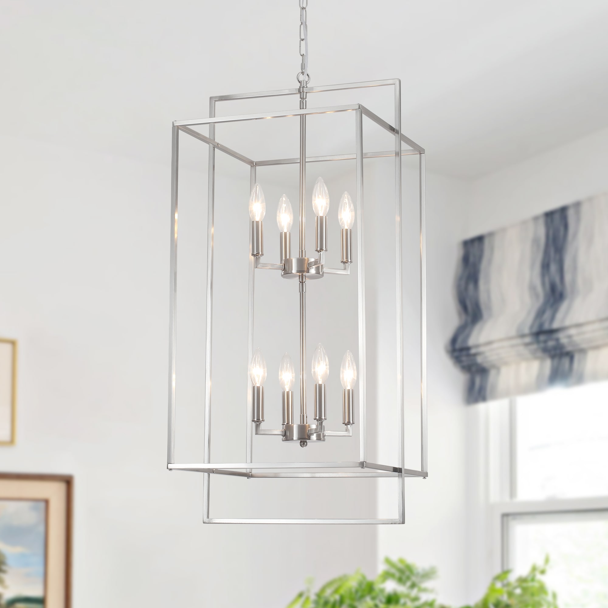 HLJYNJM 8-Light Dimmable Lantern Rectangle Modern Chandelier Open Frame Hanging Light for Foyer Kitchen Island