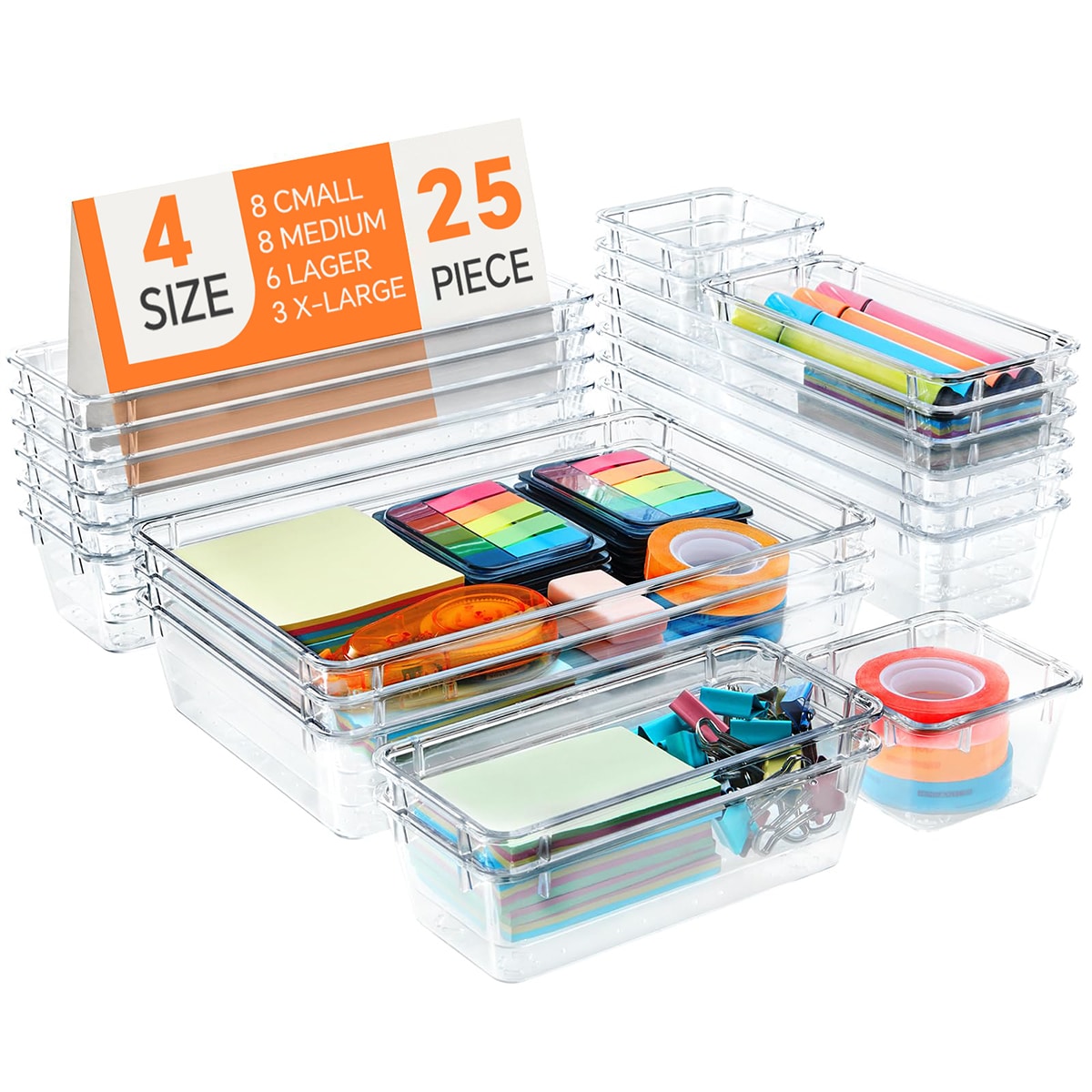 PAIHOME 25 Piece Clear Drawer Organizer Set Assorted Size Plastic Storage Bins for Makeup Jewelry Bathroom Bedroom and Office