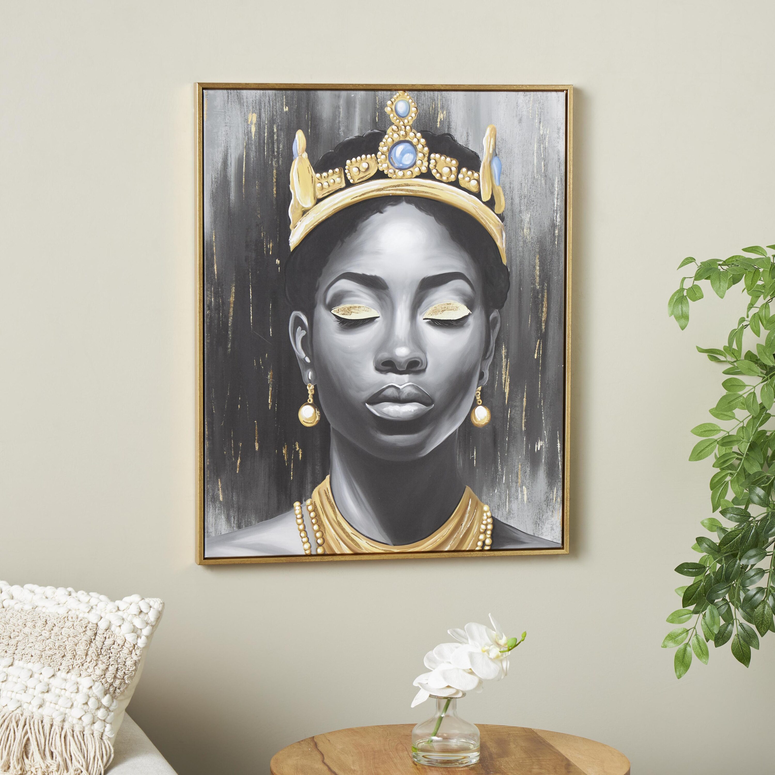 Grayson Lane 823570 24 In. x 24 In. Shaded Living Room Framed Wall Art with Blue Crown and Gold Foil Accents Black Canvas Woman Gold Wood Framed 23.5-Inches H x 23.5-Inches W People Canvas Painting