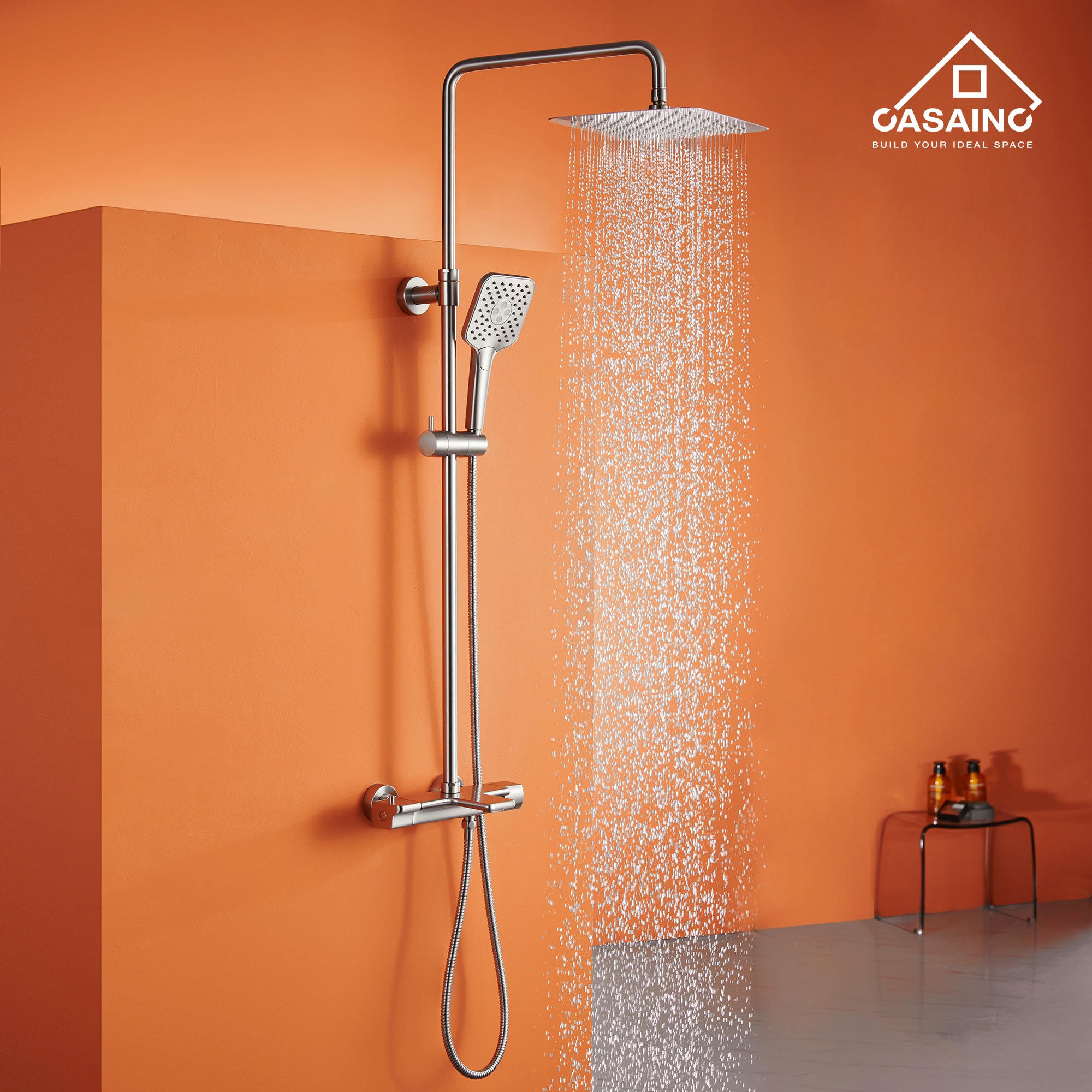 CASAINC Thermostatic Shower System Brushed Nickel Dual Head Waterfall ...