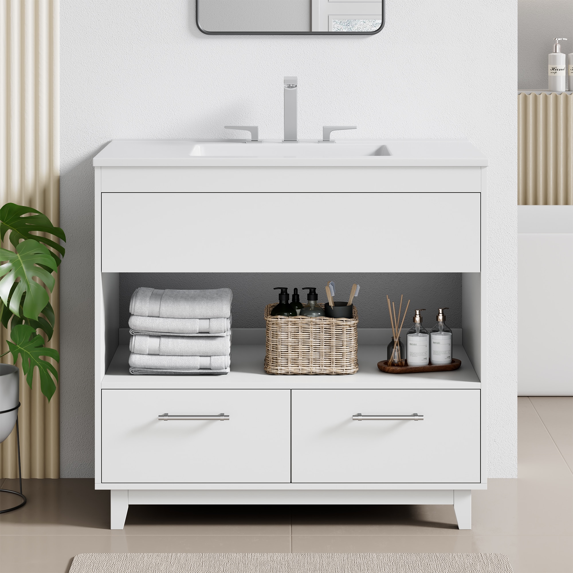 JEAREY JE-DNXXY-BE 36-in White Single Sink Bathroom Vanity with White Polymarble Top