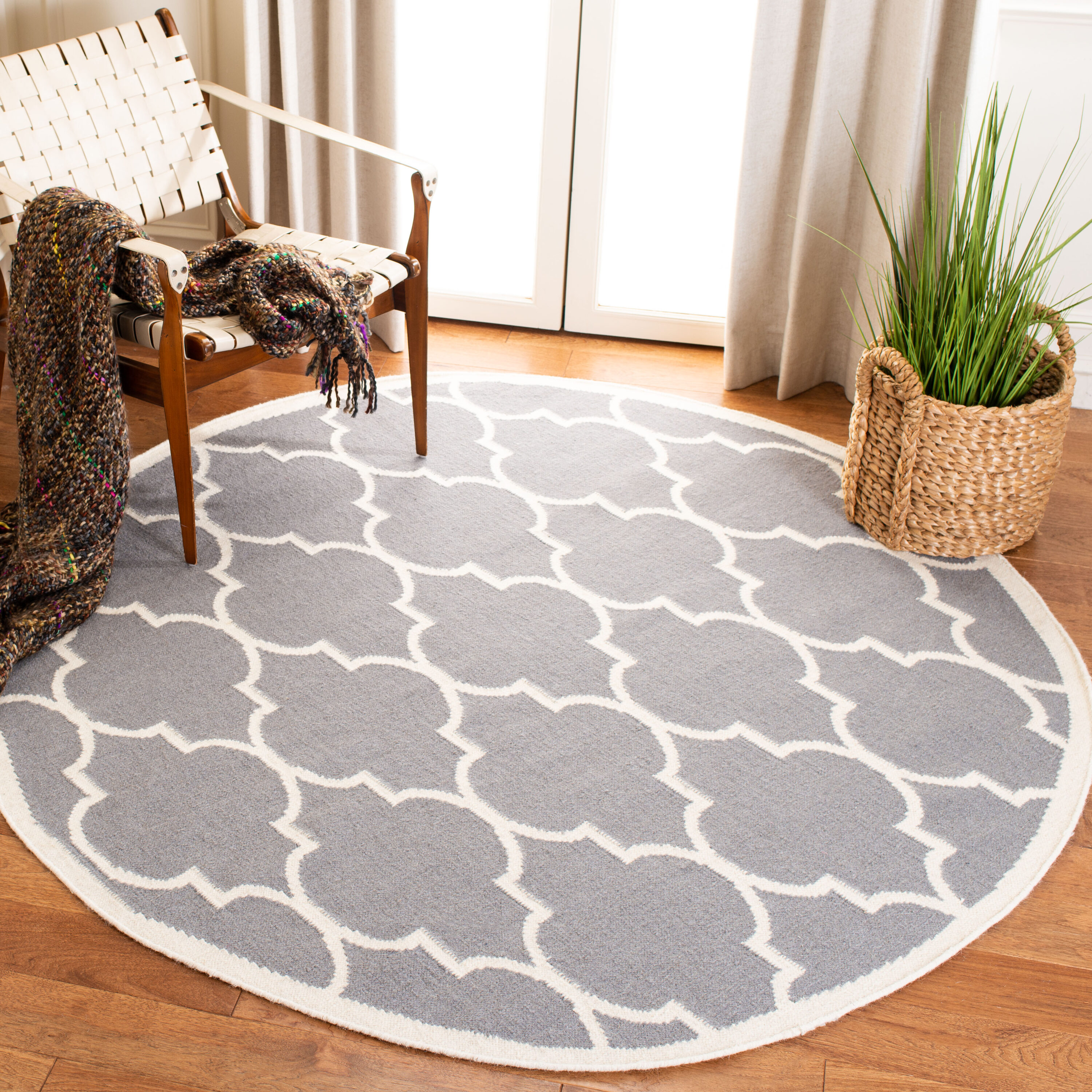  Dhurries 632 Gray/Ivory Contemporary 6ft x 6ft Round Rug
