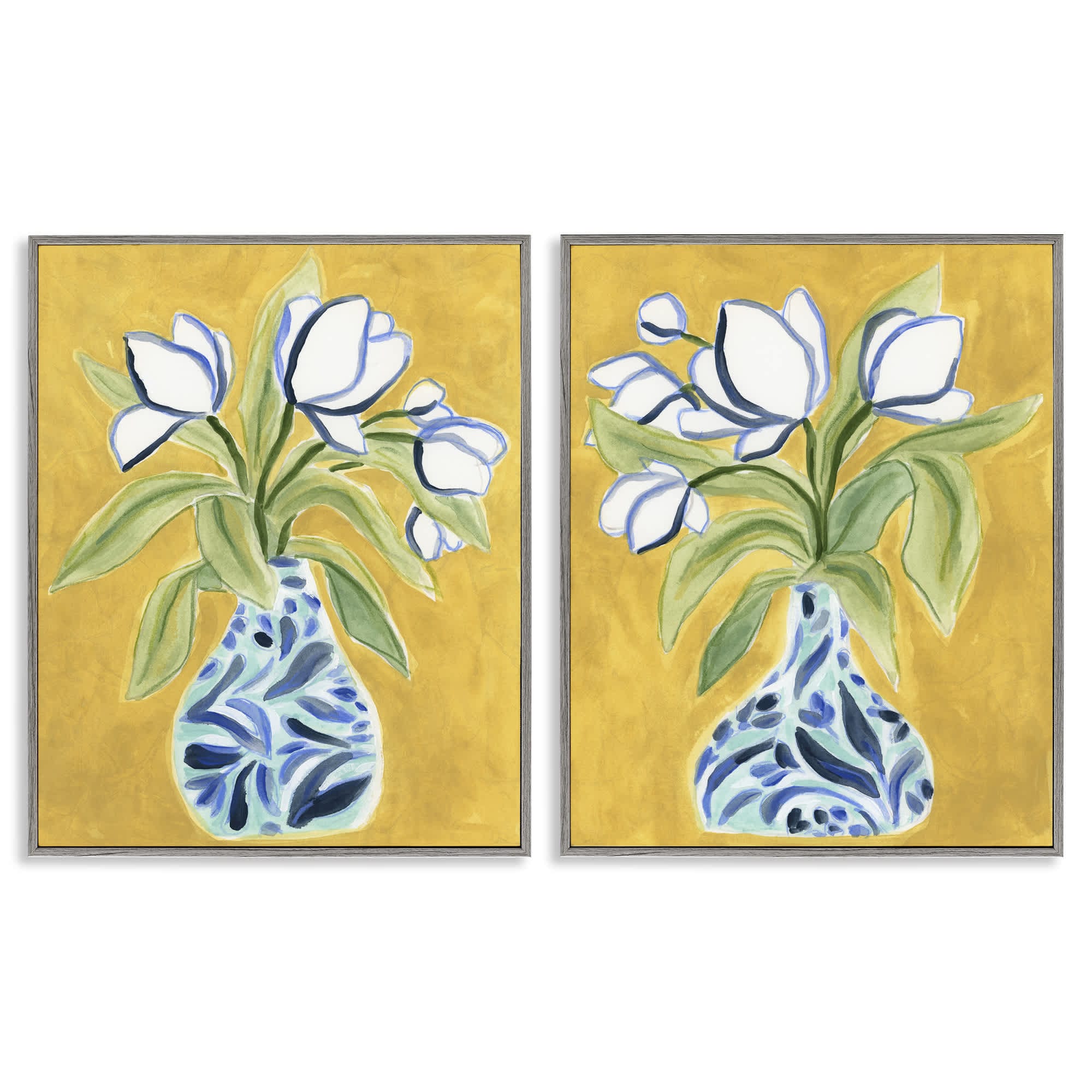 Stupell Industries B2-769-GFF-2PC-24X30 Tulip Vases on Yellow 2 Piece Gray Framed Giclee Art Set By June Erica Vess 24 x 30
