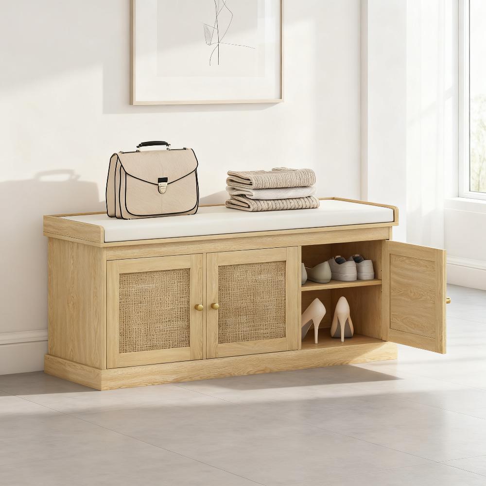 Huluwat Shoe Storage Bench with Woven Rattan Doors Shoe Bench