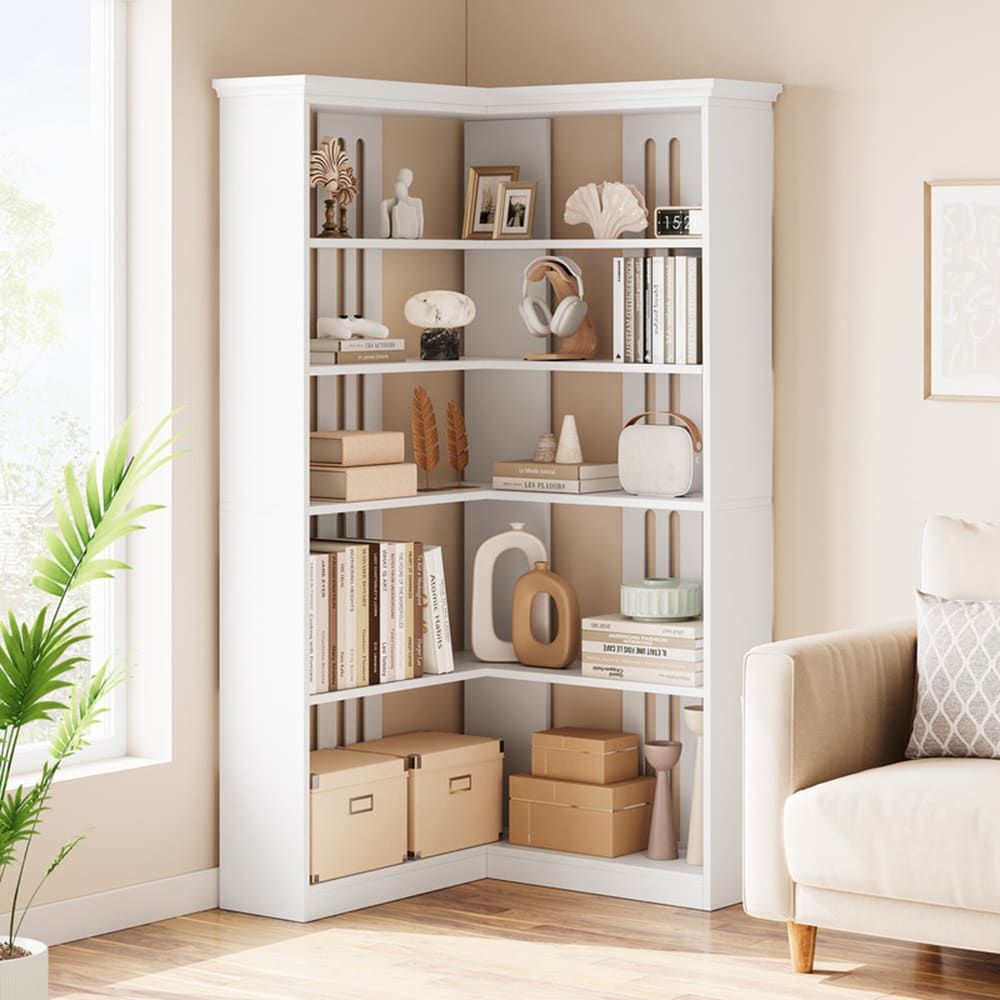 Garvee PHO-11G9KAQW White Wood 4 -Shelf Corner Bookcase ( 10.4-in W x 72.8-in H x 10.4-in D ) Finished