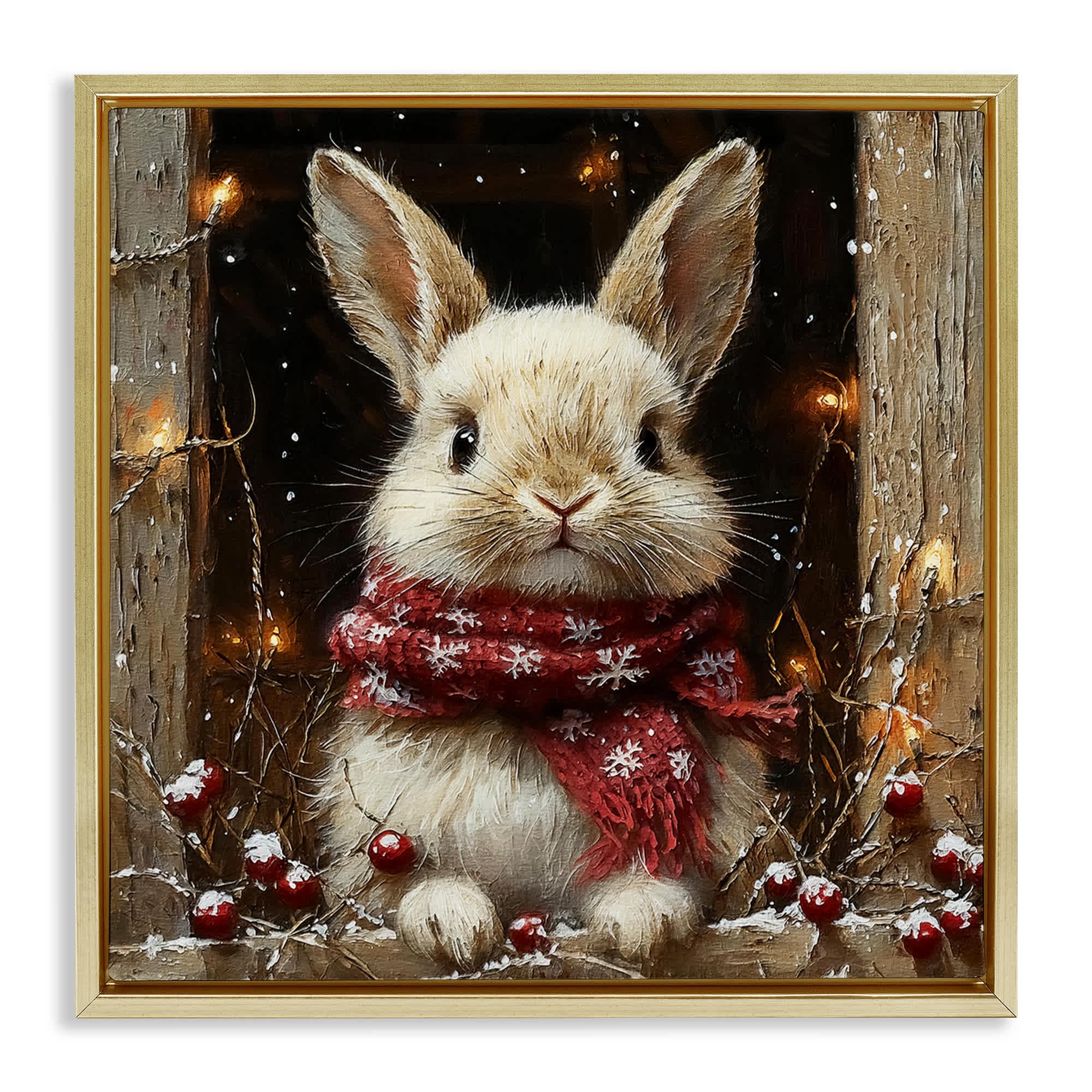 Stupell Industries BT-931-FFG-24X24 Bunny with Snowy Holly Berries Gold Framed Floater Canvas Wall Art By Riley B 25 x 25