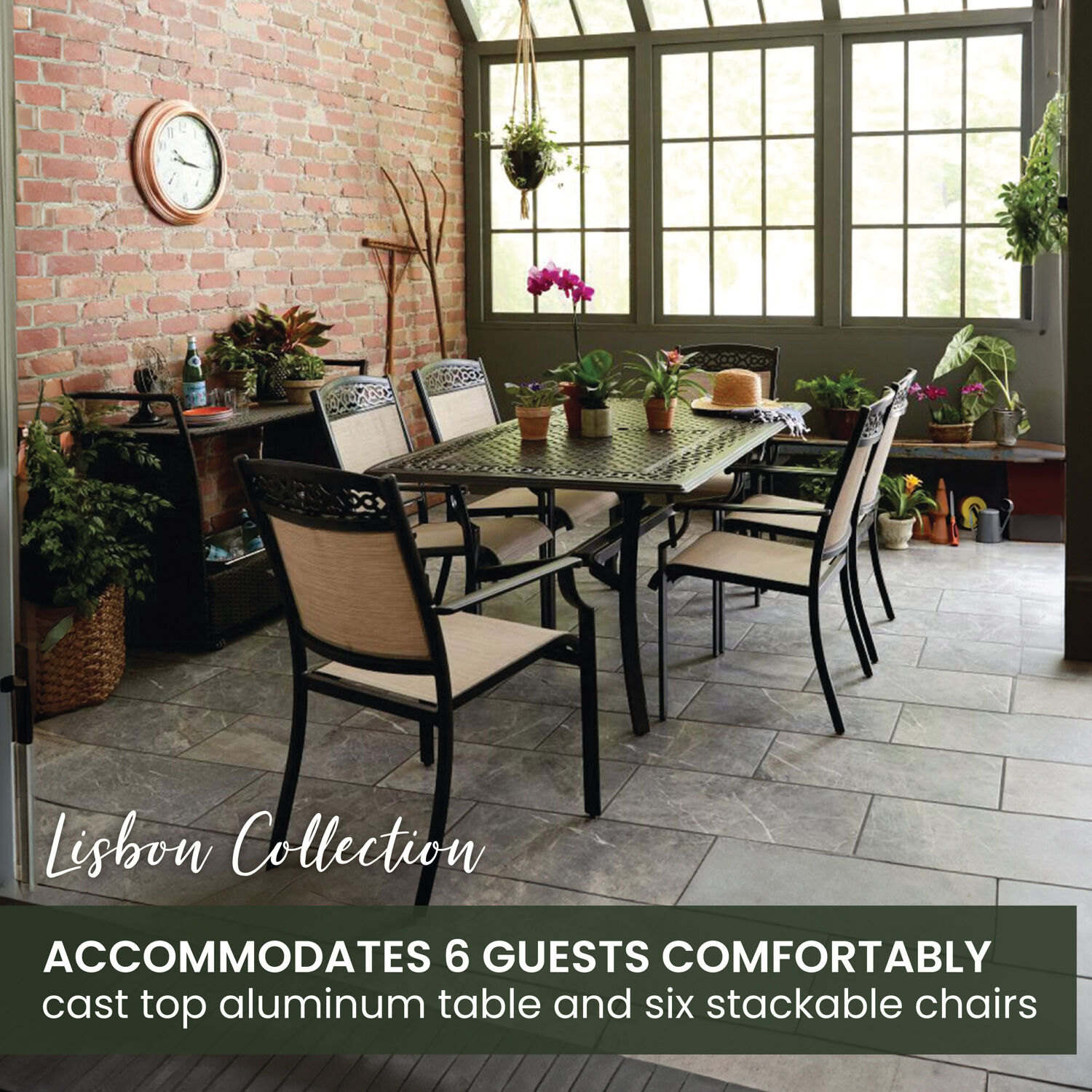 Elegant Rustic 7-Piece Outdoor Dining Set with Cast-Top Table and Sling Chairs