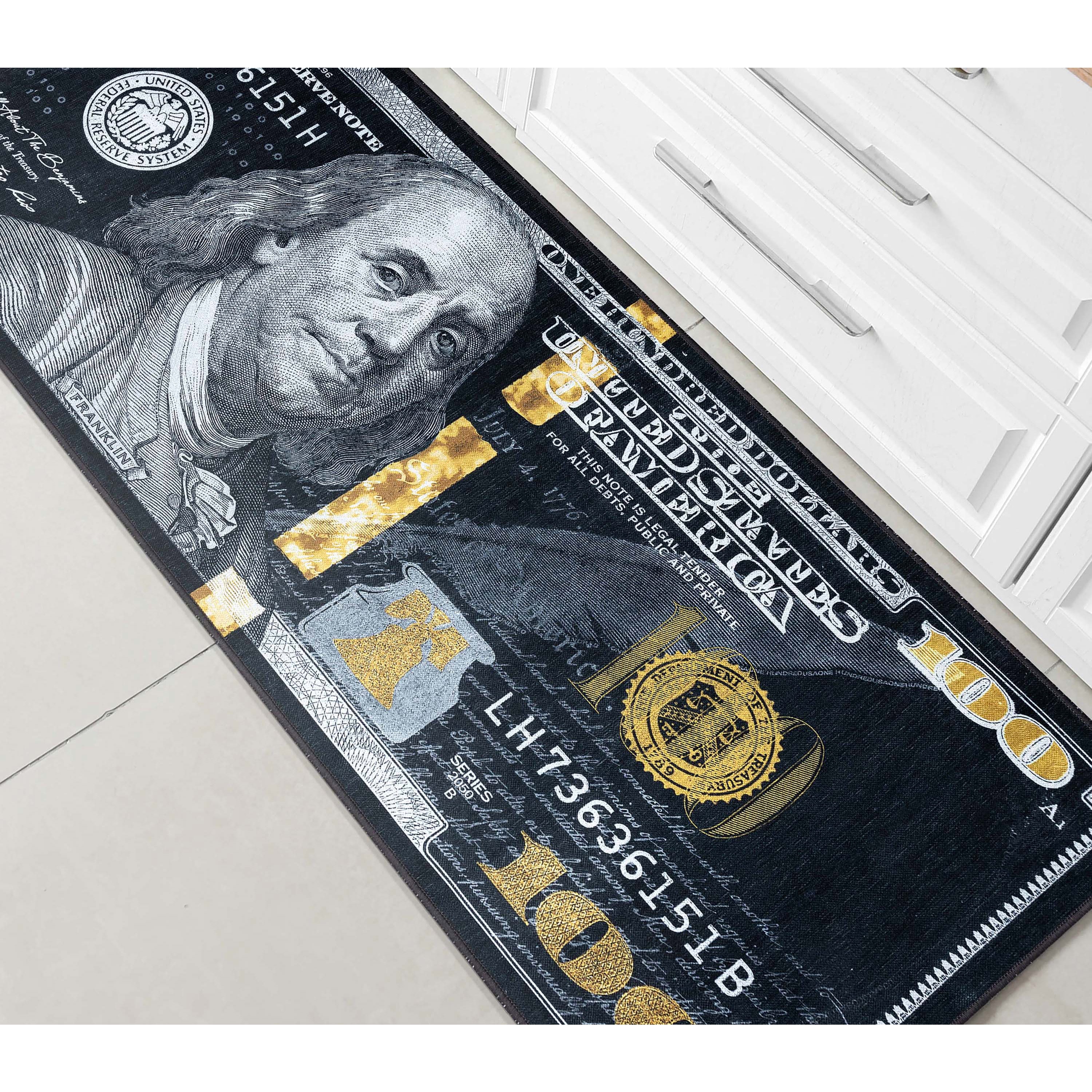 Well Woven W-MN-01B-2 Money 2 x 8 (ft) Flatweave Polyester Black Gold Rectangular Indoor Abstract Industrial Runner rug
