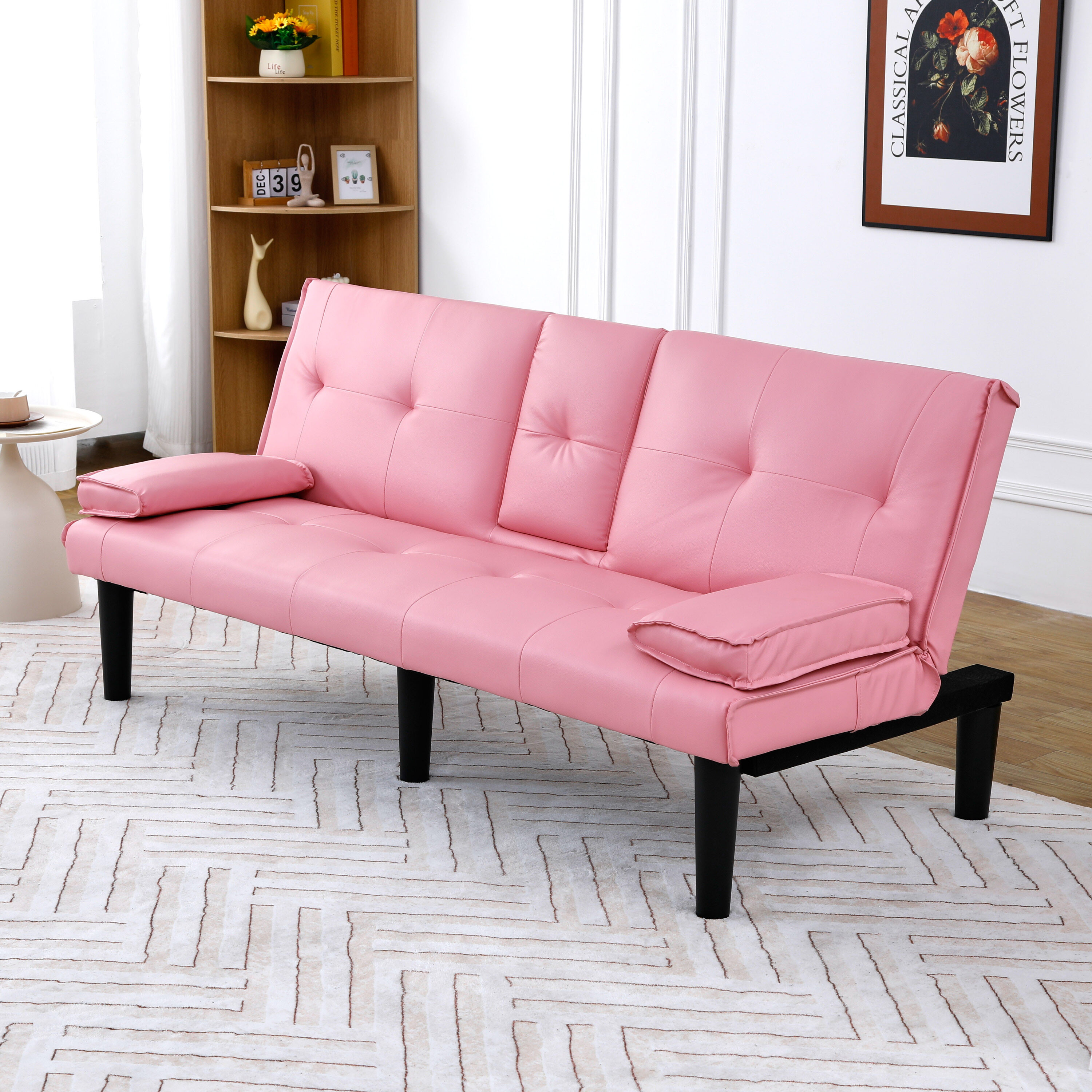 67 Inch Pink PVC Multifunctional Sofa Bed Foldable Cup Holder Living Room Guest Room