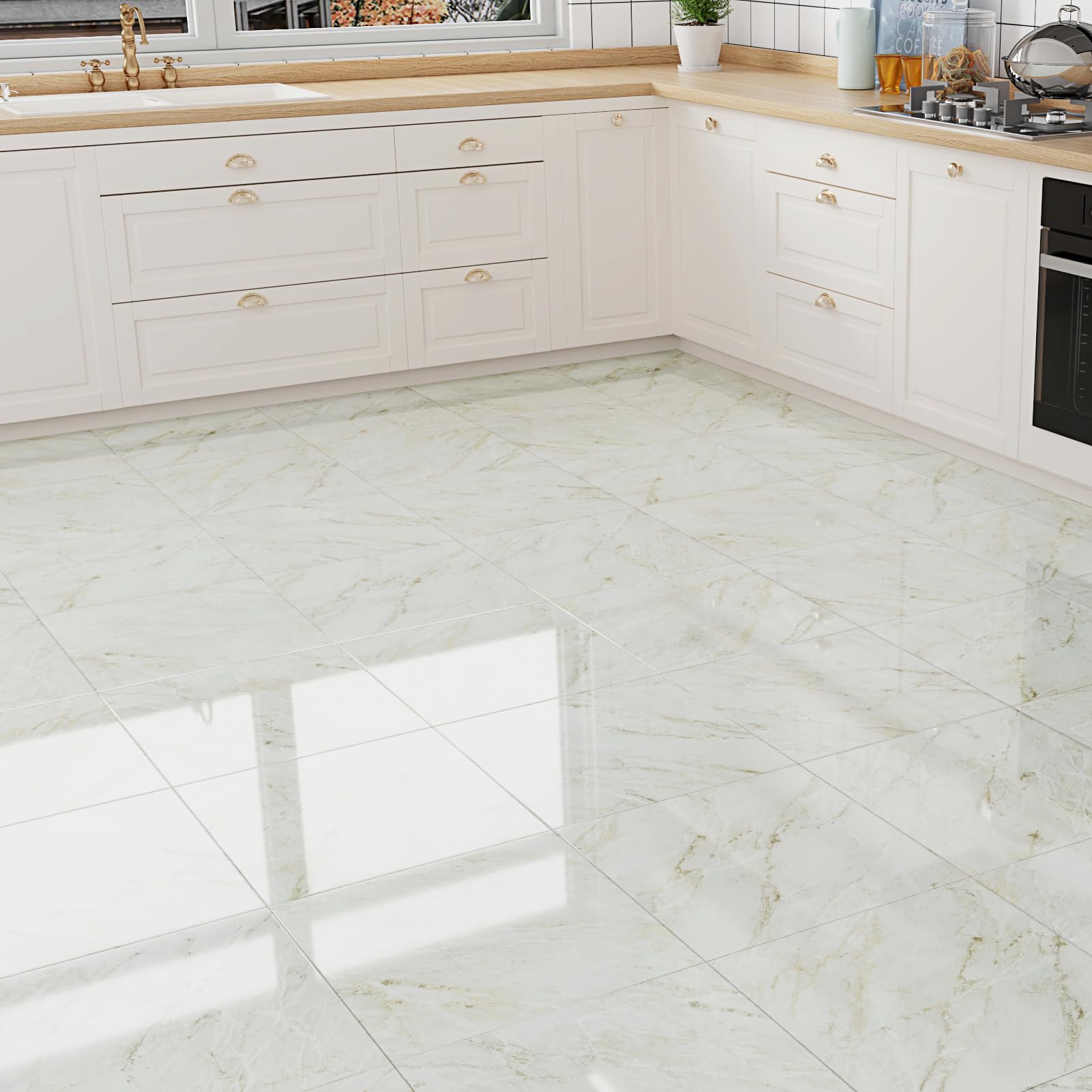 Phewnyzo  Glossy Marble Vinyl Flooring Roll 20 Pieces Beige Peel and Stick Floor Tile Waterproof Marble Bathroom Floor Tile 12 by 12 Stick on