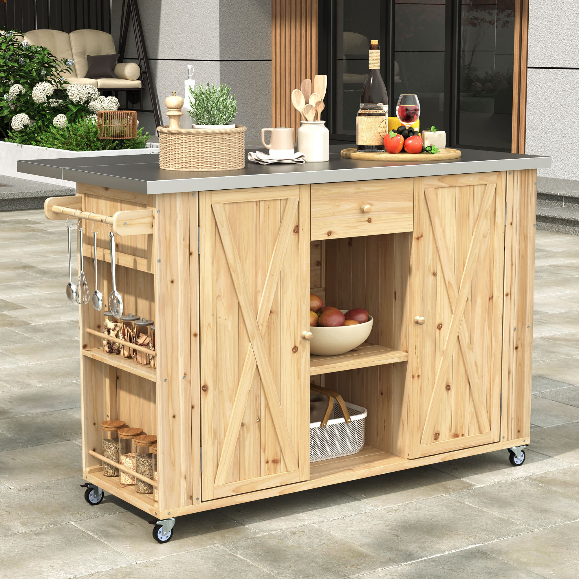 Roomfitters  Outdoor Fir Wood Kitchen Island with Stainless Steel Top Towel and Spice Racks Bottle Opener Natural Wood