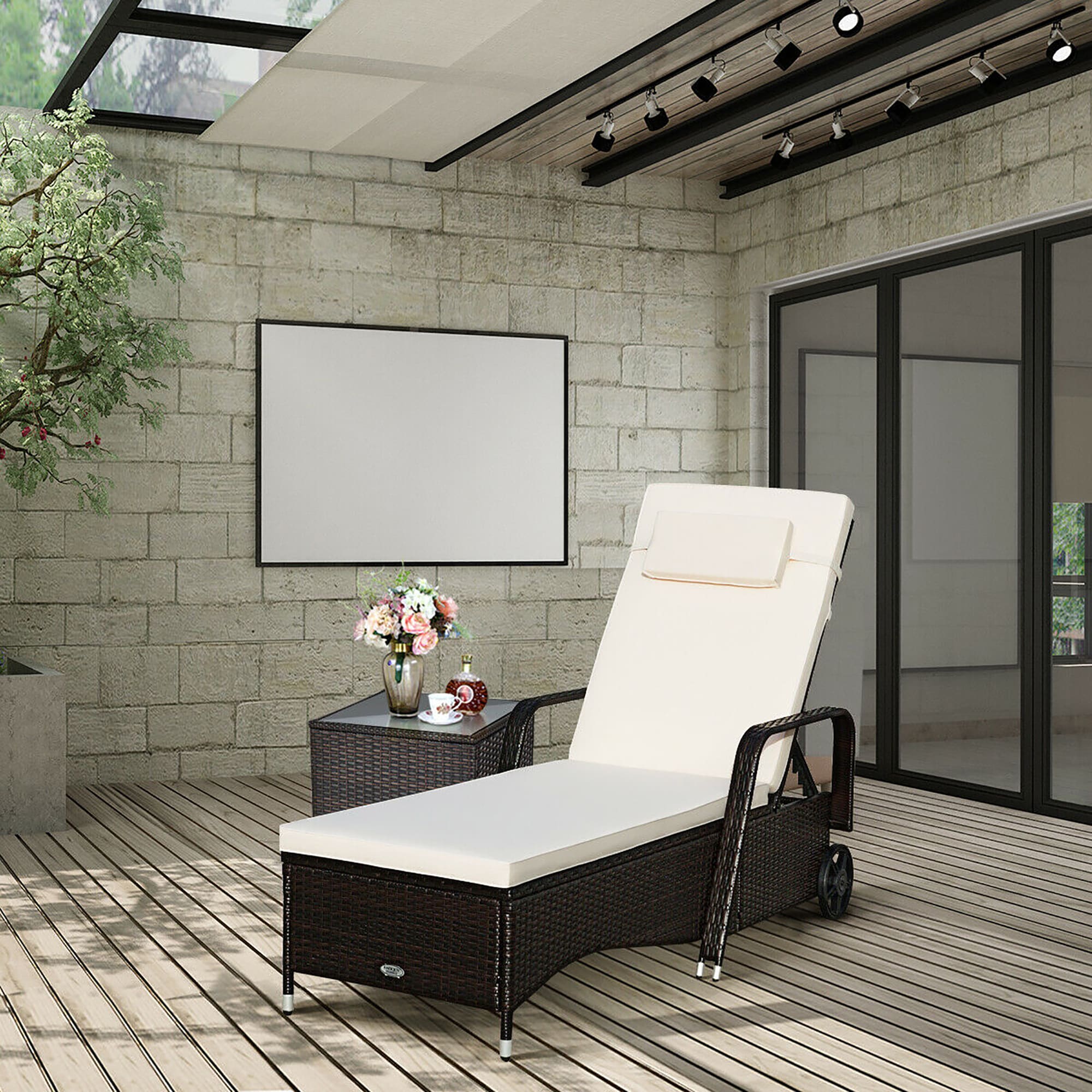 Modern Black Steel Chaise Lounge with White Cushions