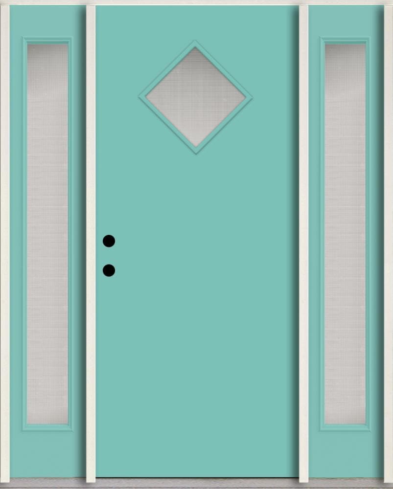 RELIABILT LO1067585 Spotlights 56-in x 80-in x 4-5/8-in Fiberglass 1/4 lite Right-hand inswing Caribbean blue paint Painted Prehung Front Door with Sidelights Insulating core