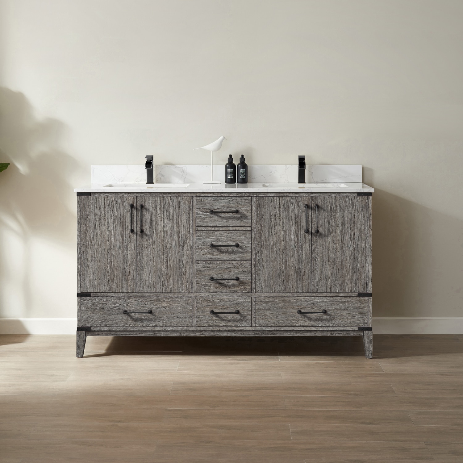60-in Classical Grey Undermount Double Sink Bathroom Vanity with White Composite Grain Engineered Stone Top in Gray | - Vinnova 799060-CR-GW-NM