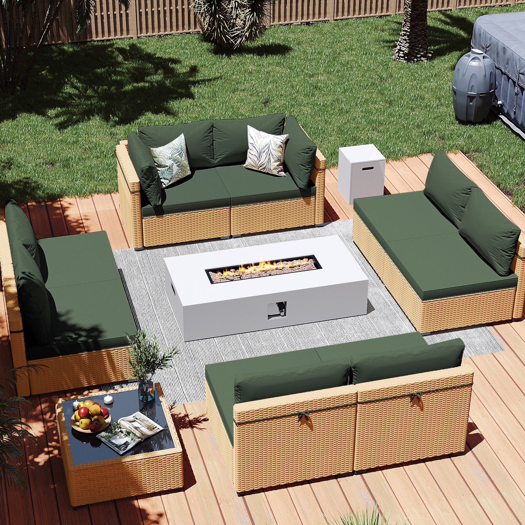 Patio Watcher LS-RT9-KD56WH-Y3 10 -Piece Rattan Patio Conversation Set with Green Cushions