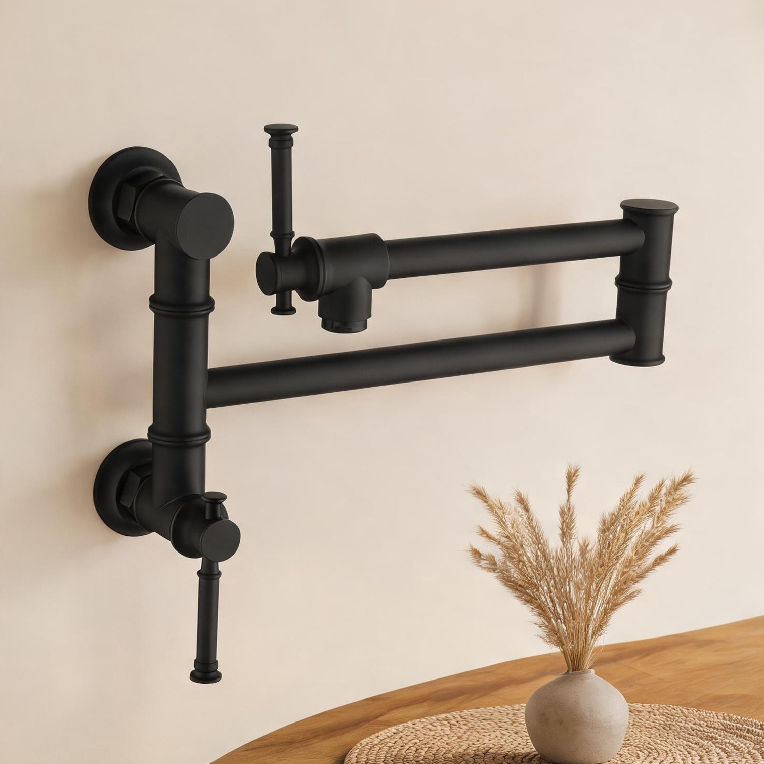 Naturefalls Kitchen Wall-Mount Pot Filler in Deep Black with Brass Construction Dual Lever Handles and Swivel Spout