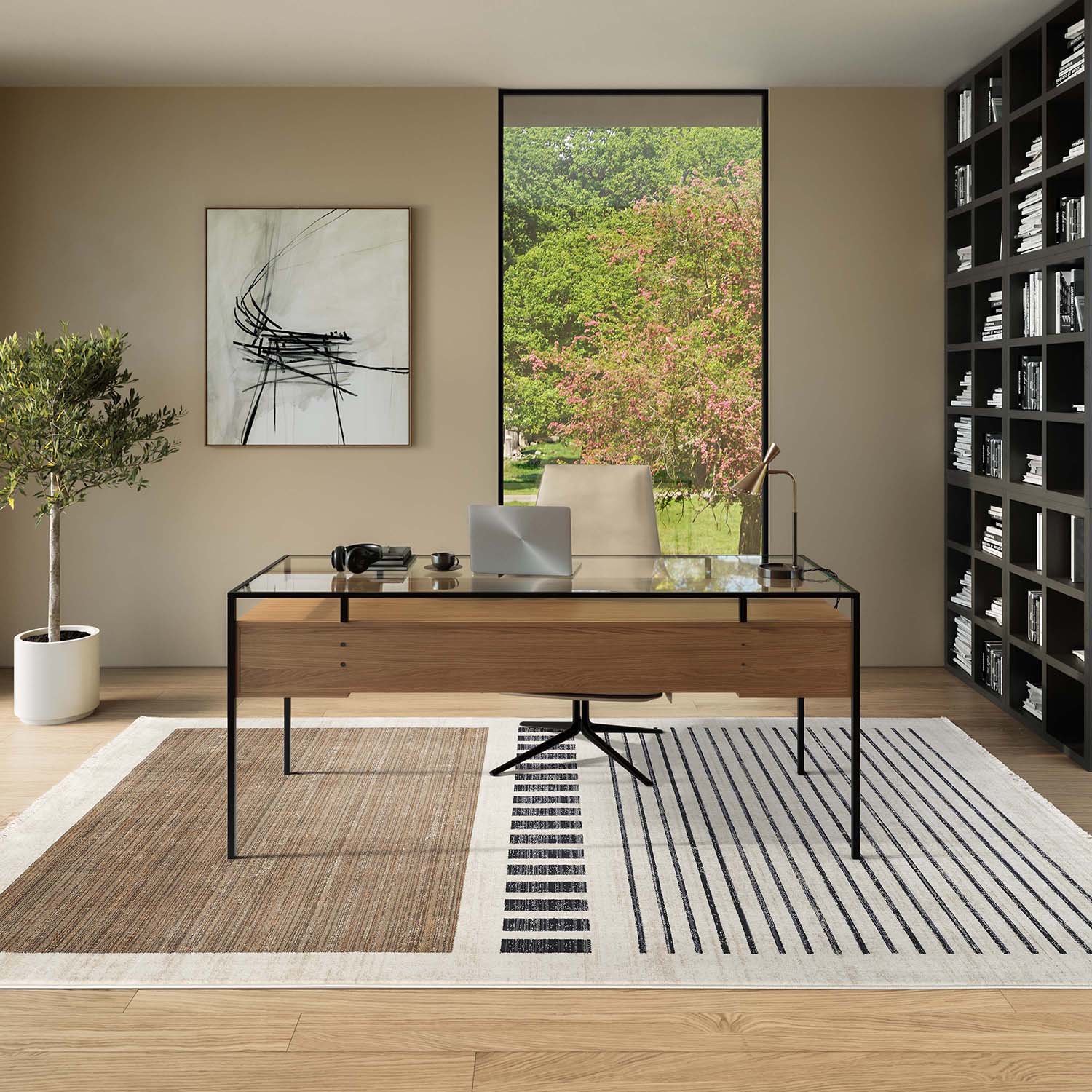 Abani Cream Area Rug For Living Room, Bedroom - Block Pattern- 8' X 10