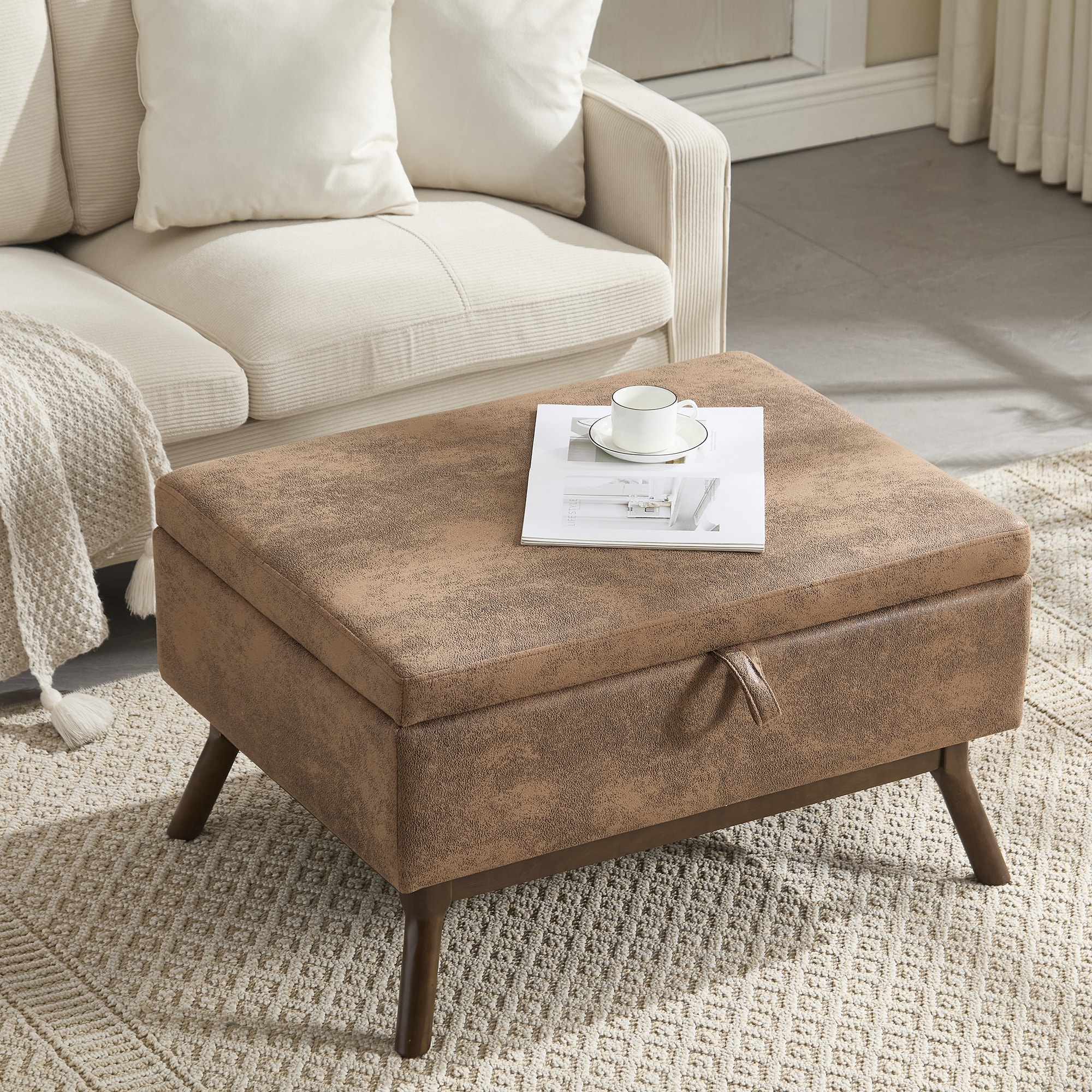 GDFStudio Waverly Multifunction 31.5-inch Microsuede Upholstery Storage Ottoman Bench with Hidden Lift-Up Top Storage and Non-slip Foot Mat for Living Room Entryway and Family Room - Coffee finish