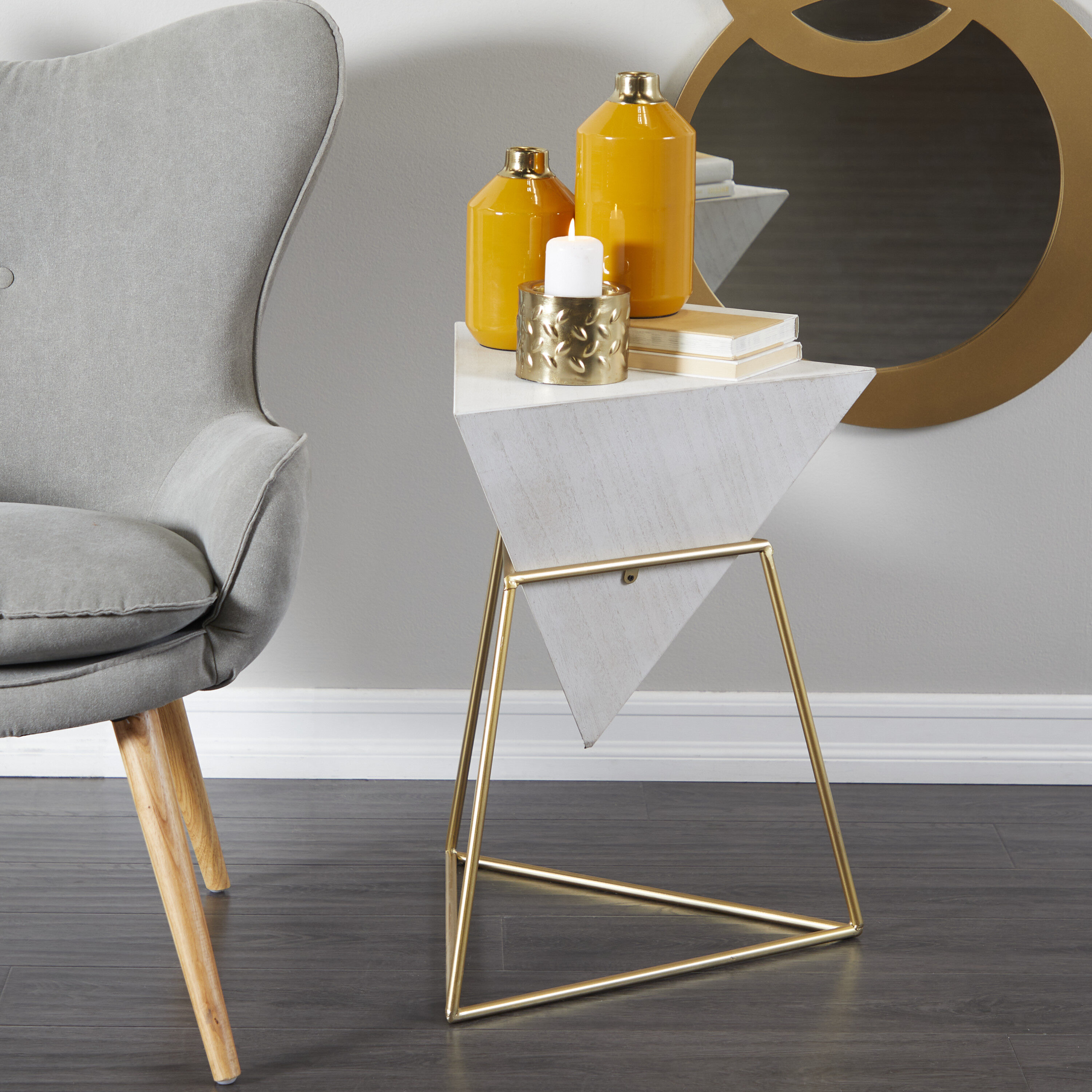 Grayson Lane 77915 20-in W x 24-in H White/Gold Inverted Triangle Wood Triangle Modern End Table