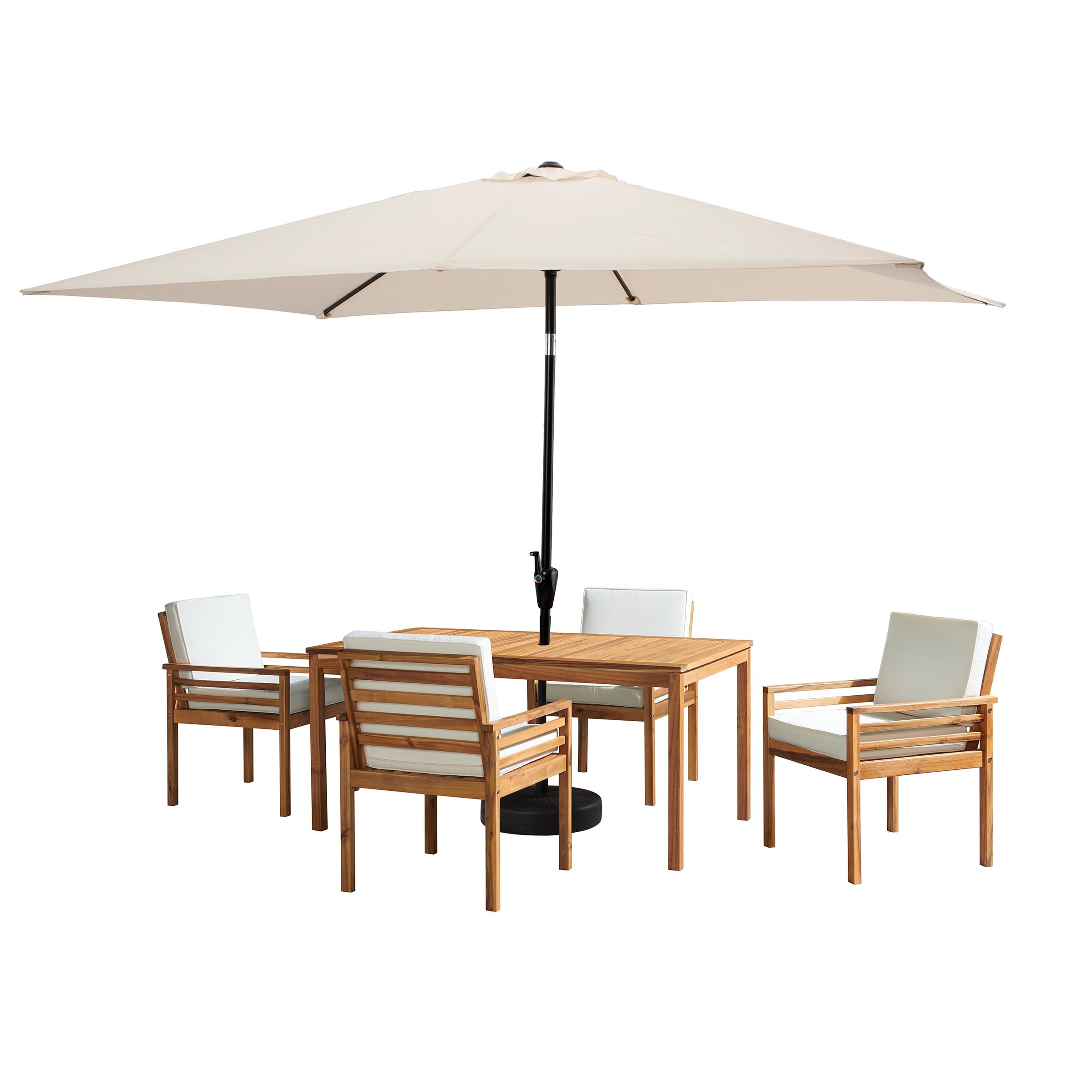 Alaterre Furniture ANOK01RE13S4 Okemo 6 -Piece Natural Patio Dining Set Wood Rectangle Table with 4 Off-white Cushions Stationary Chairs and Umbrella Included