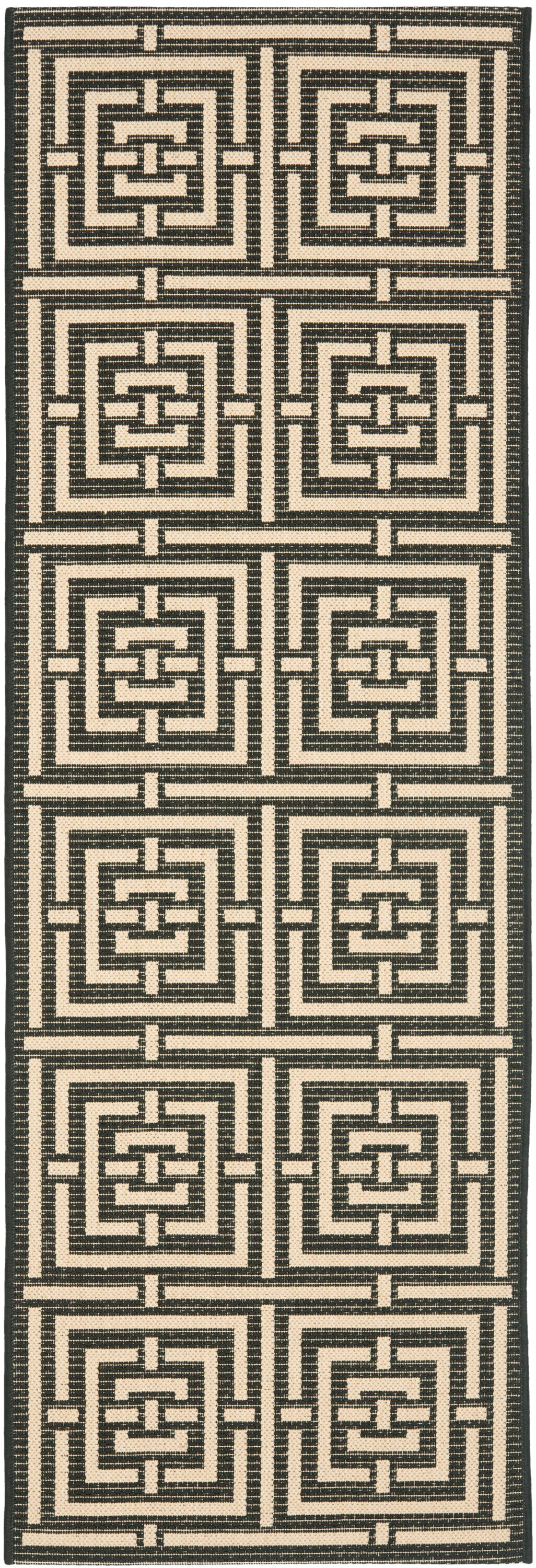 Black and Bone Geometric Synthetic Outdoor Runner Rug