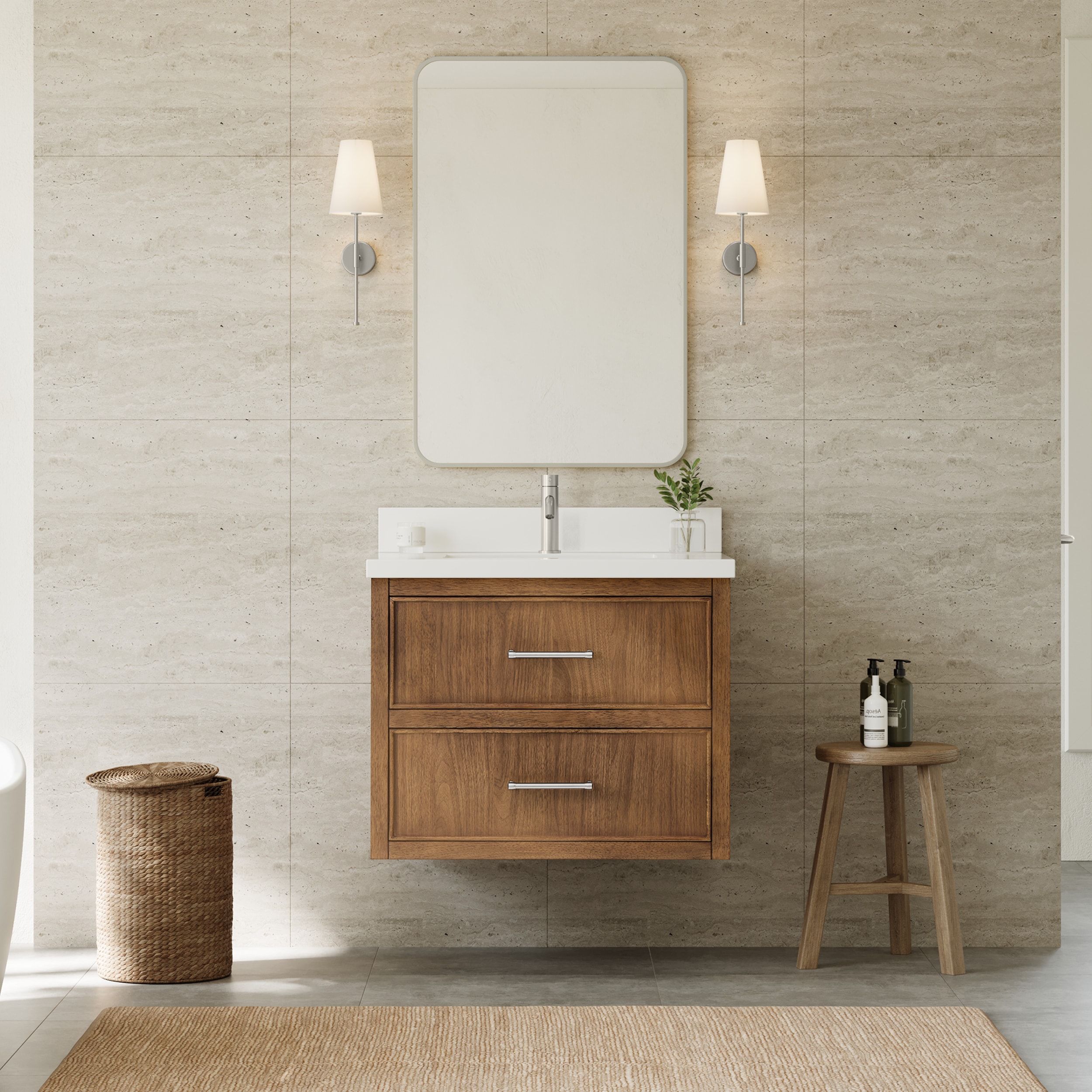 Wyndham Collection Isola WM 30 Inch Single Wall Mounted Bathroom Vanity in Toasted Walnut, White Quartz Countertop, Undermount Square Sink (1-Hole), Brushed Nickel Trim