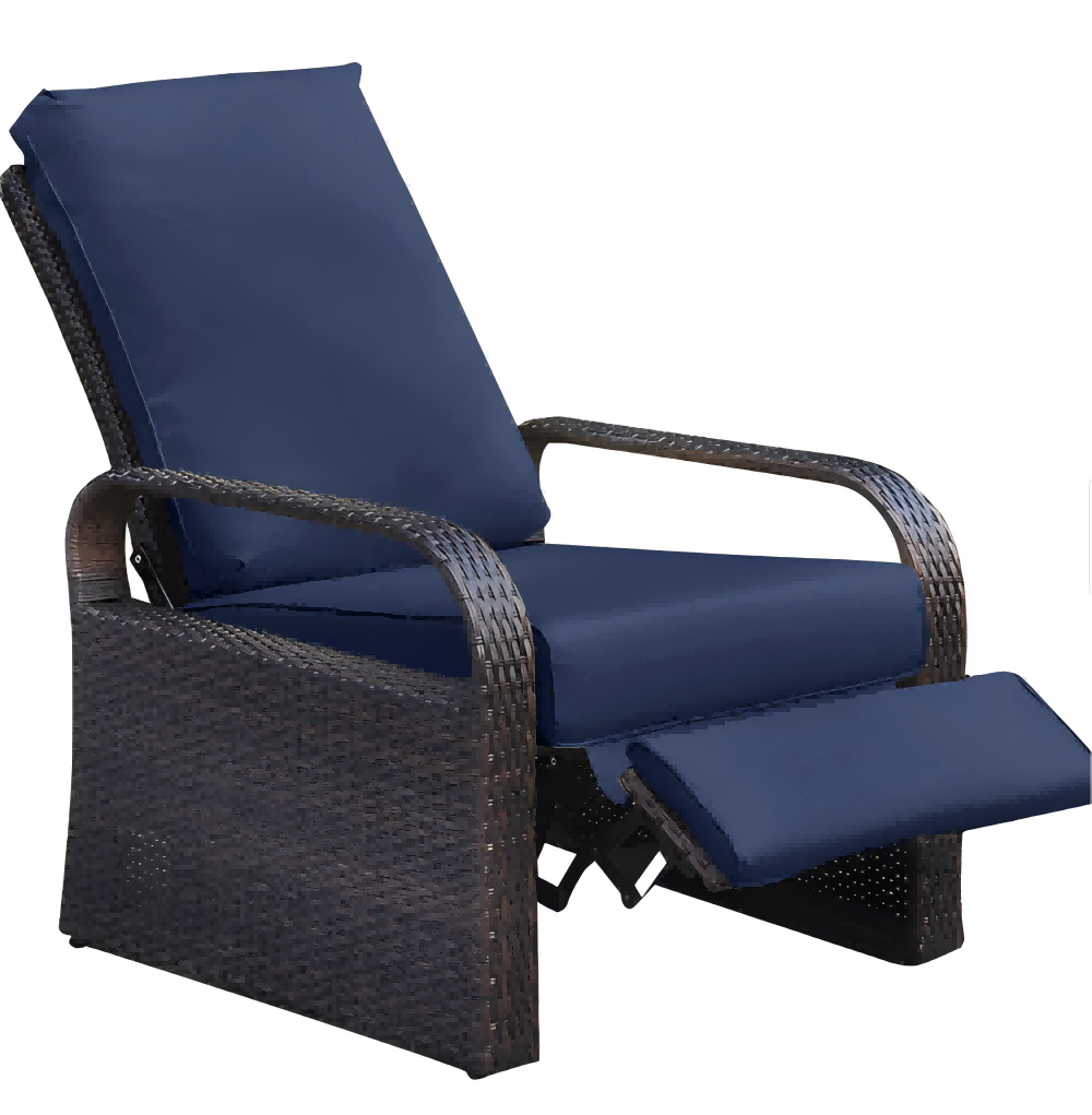 Miki Shinly RMT-9406-06MI Lounge Chair Wicker Black Aluminum Frame Stationary Recliner Chair with Blue Cushioned Seat