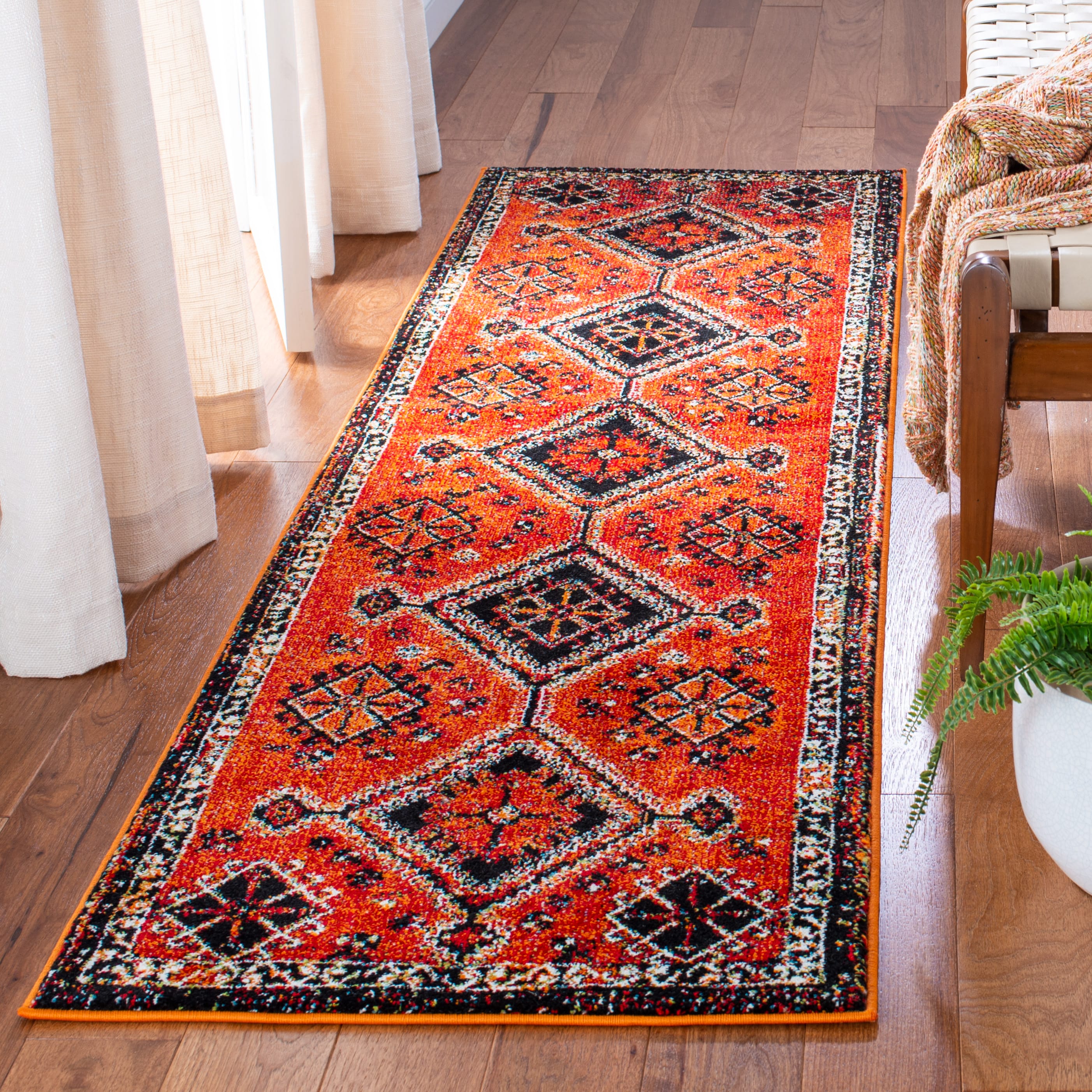 Vintage Hamadan Orange and Red Synthetic Runner Rug