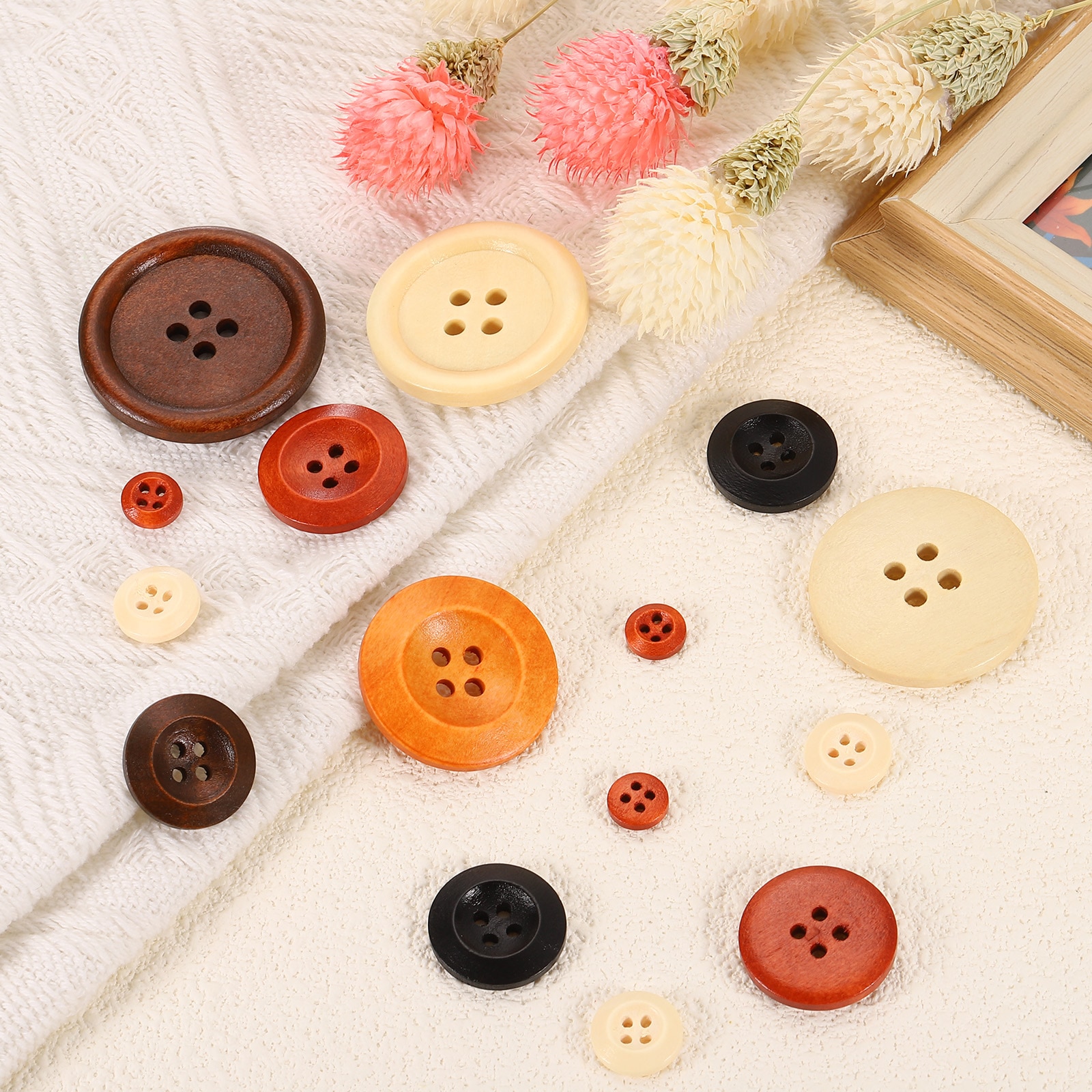 Unique Bargains 50pcs Wooden Buttons 38mm(1 1/2inch) 4 Hole Round Wood ...