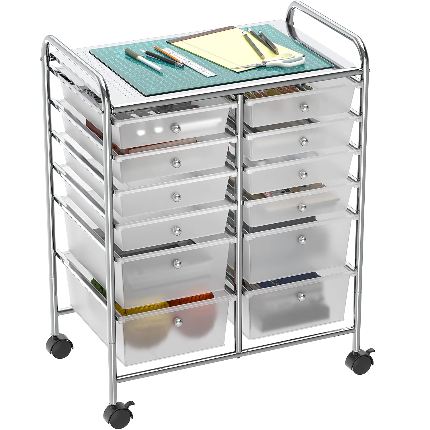 Fredees 12-Drawer Rolling Storage Cart with Lockable Wheels and Chrome Metal Frame - 14.5 in D x 25 in W x 32 in H Utility Organizer