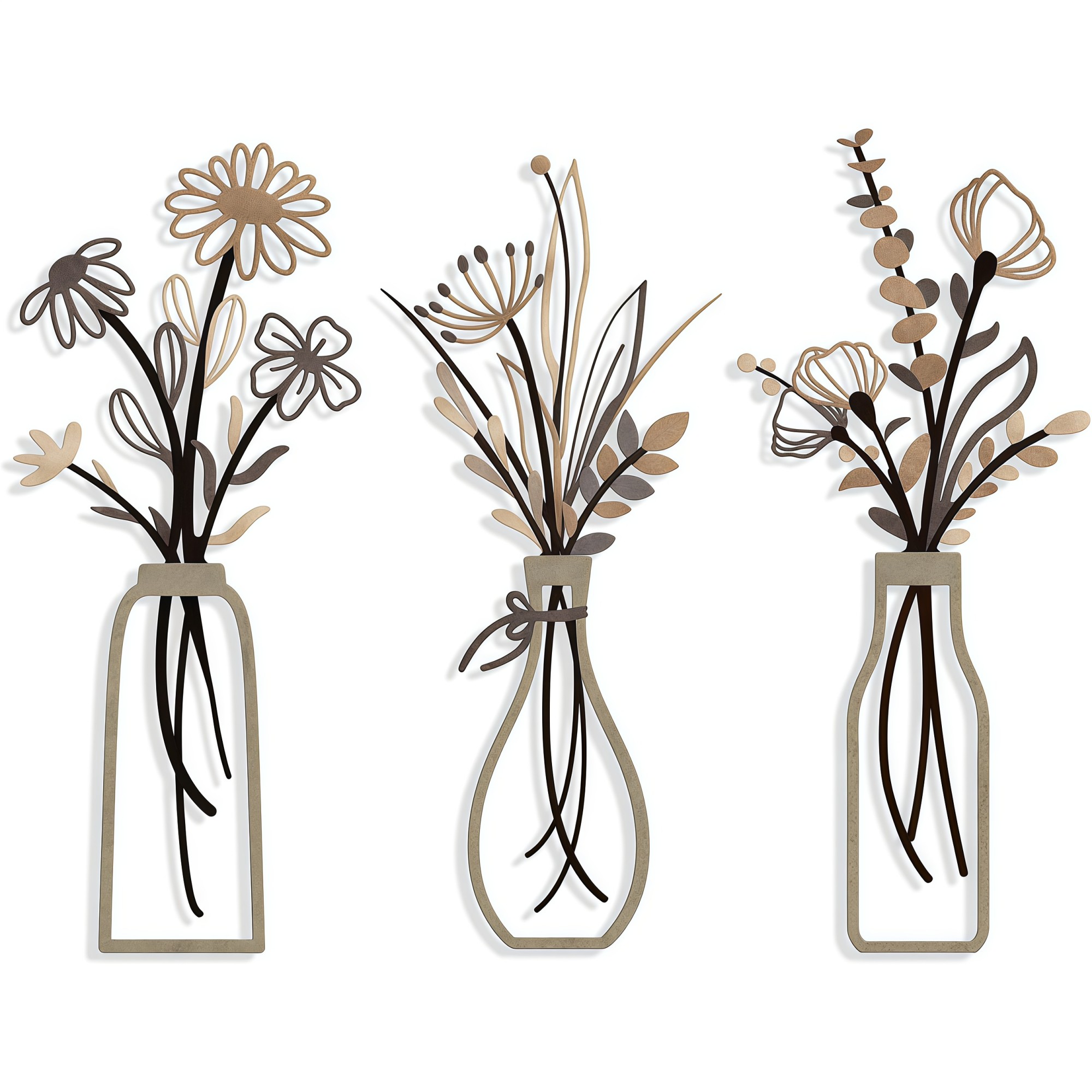 Numhew - 6in x 13.7in 3-Piece Metal Black Minimalist Flower Brown Wall Art
