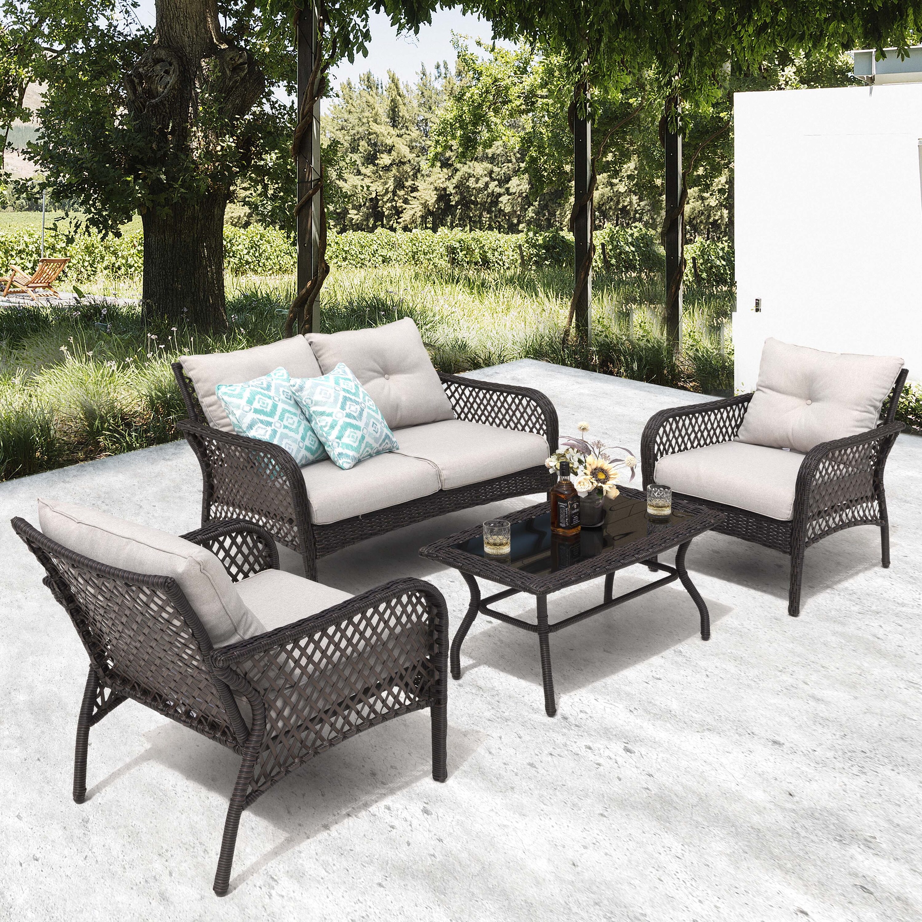 Nuu Garden 4 Piece Wicker Patio Sofa Conversation Set with Off white Cushions in the Patio Conversation Sets department at Lowes