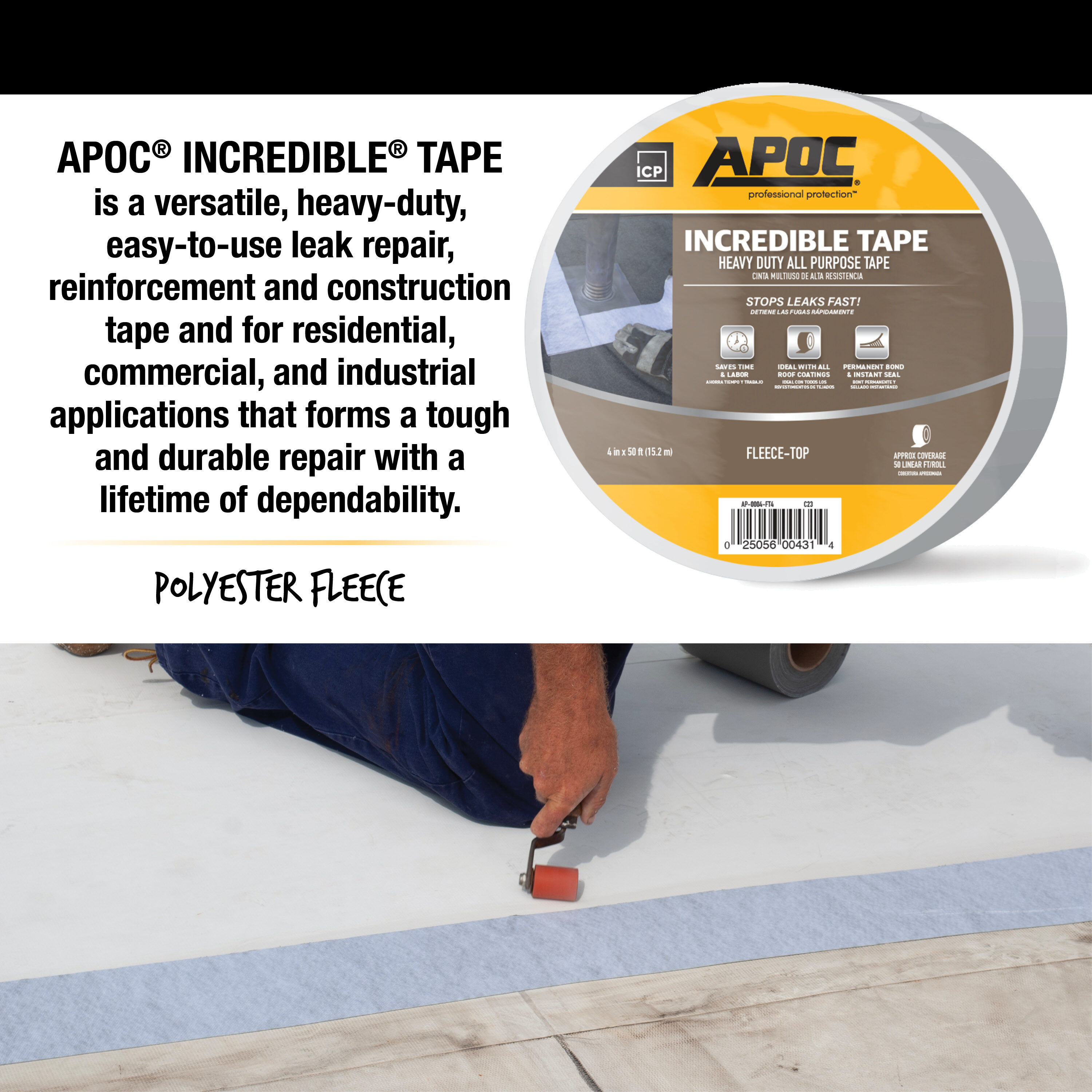Apoc Incredible Tape 0.3-ft W x 50-ft L 15-sq ft Fleece-Top Roll Roofing in White | AP-0004-FT