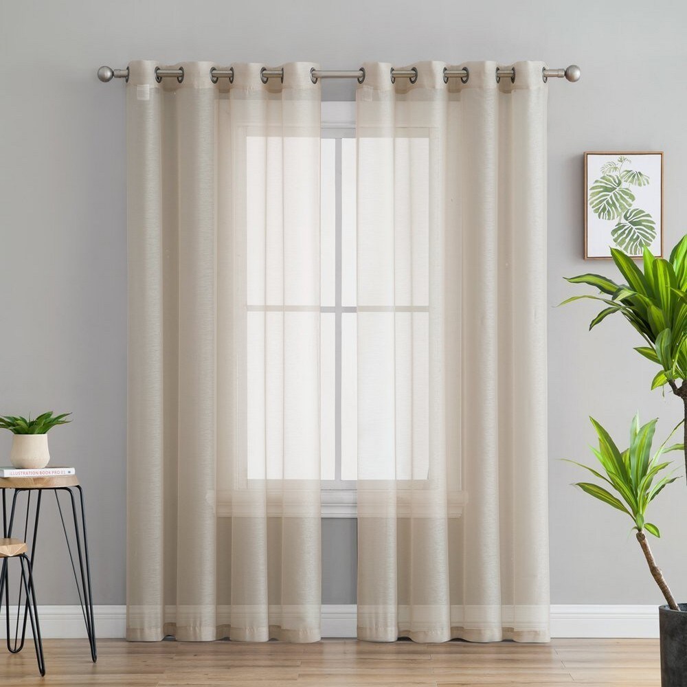 HLC.me SHR-GR-BEIG-37X84 Basics 2 Piece Semi Sheer Voile Window Curtain Drapes Grommet Top Panels - Set of 2 panels