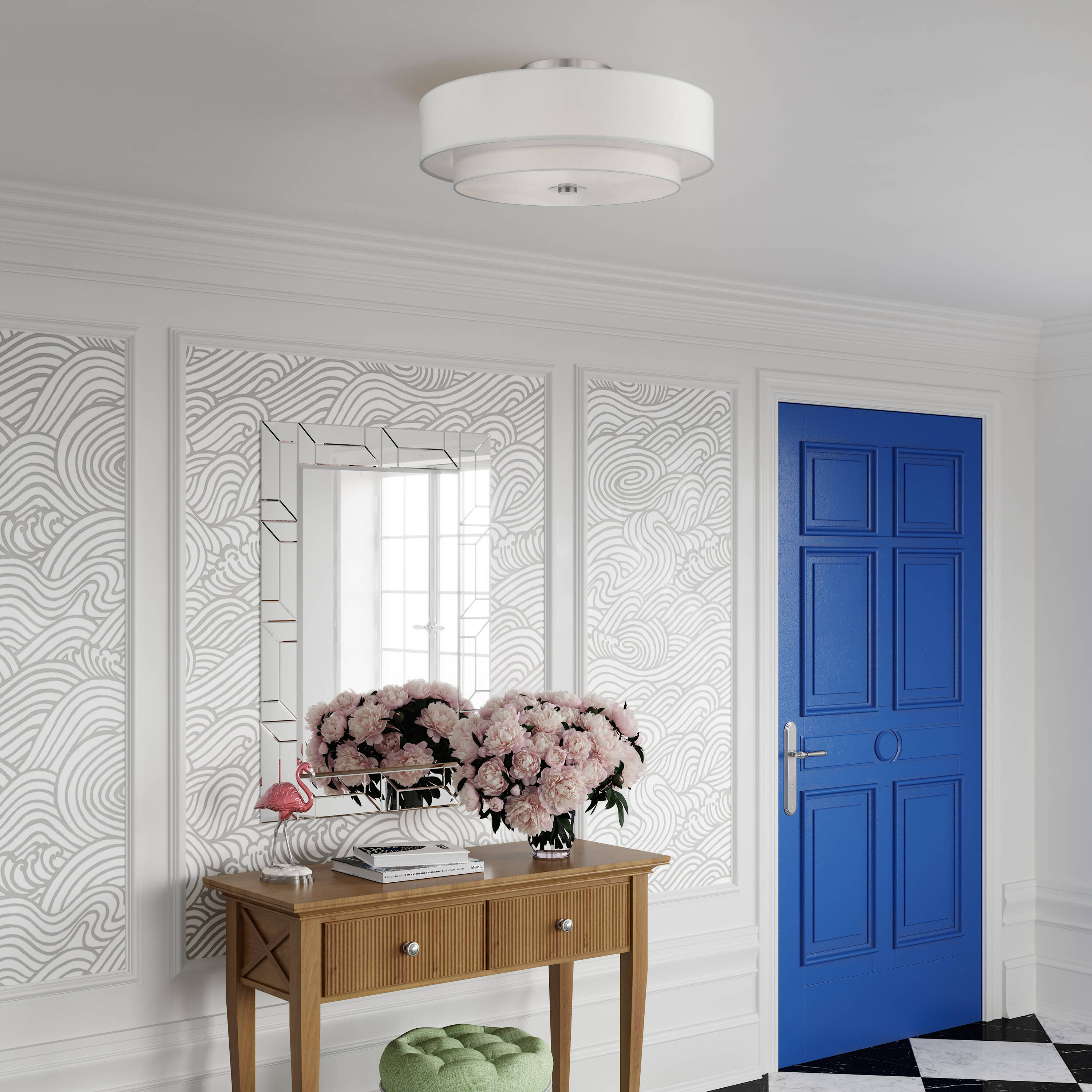 Modern Brushed Nickel 6-Light Drum Semi-Flush Mount with Glass Shade