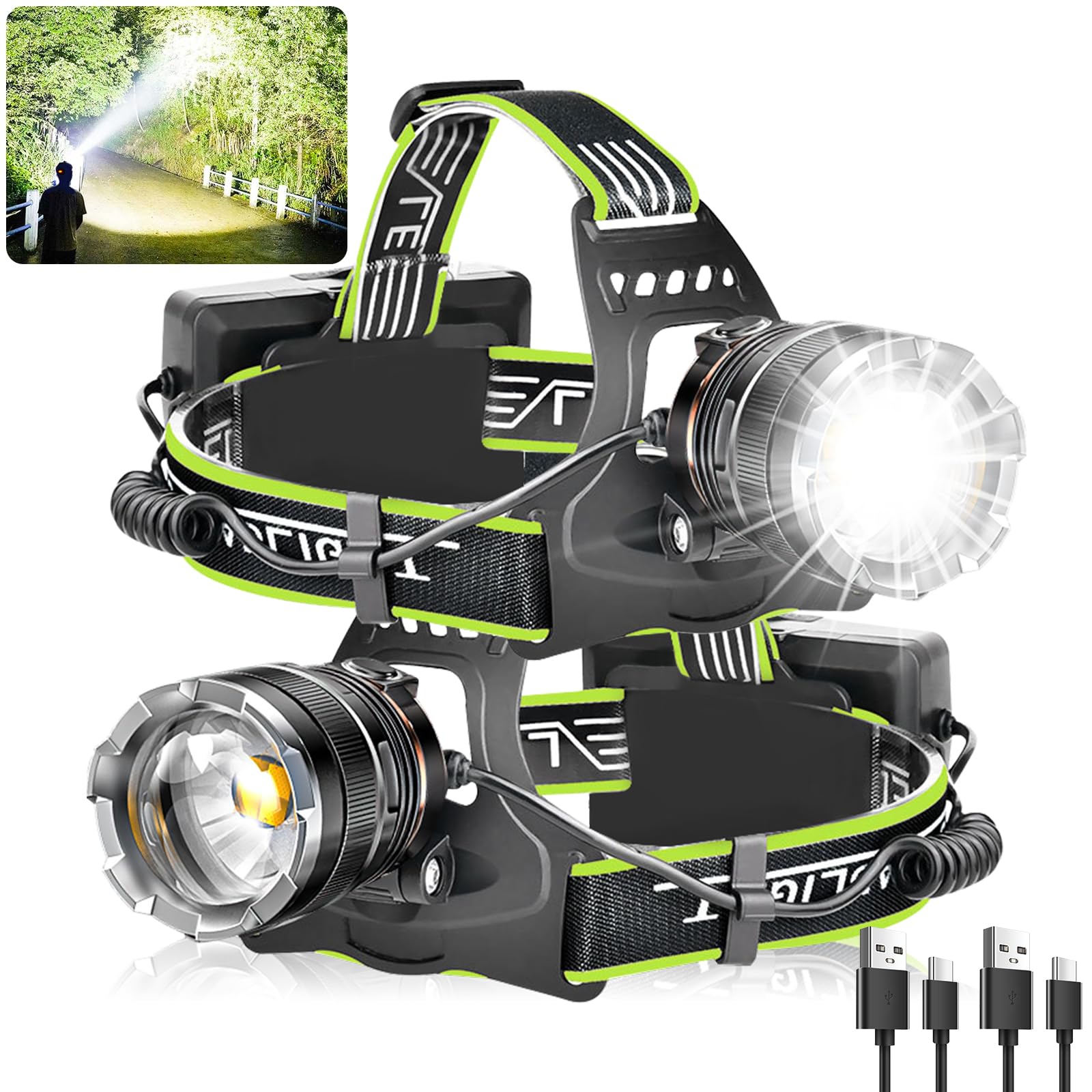 SenQWFa renewable power Headlamp Two Pack Super Bright Motion Sensor Waterproof Adjustable Zoom Red Light Eight Modes for Camping Hiking Running #LDC0820C455