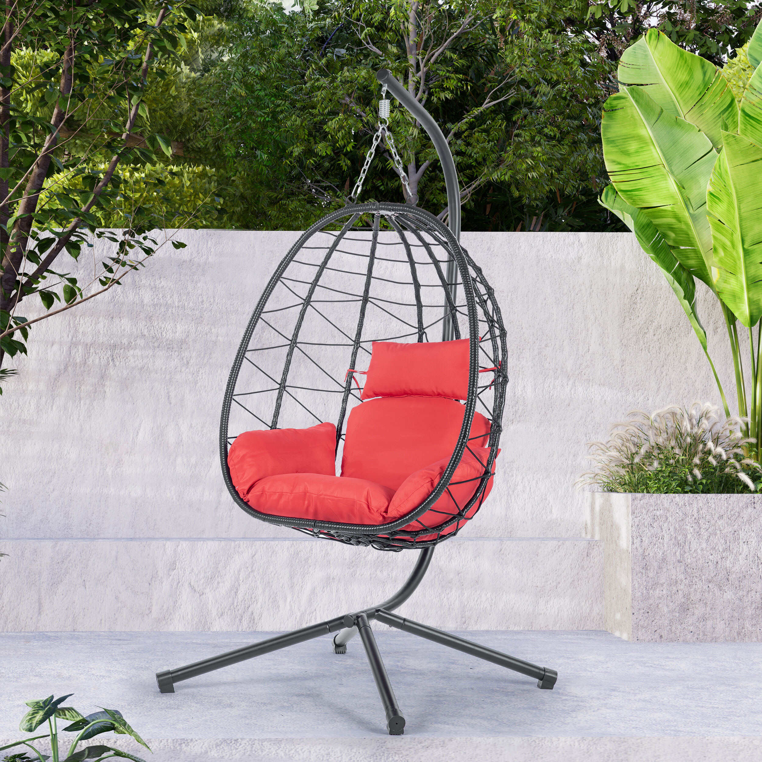Forclover MONLDS09RE Patio Swing Hammock Egg Chair Black Steel Frame Hanging Egg Chair with Orange Cushioned Seat