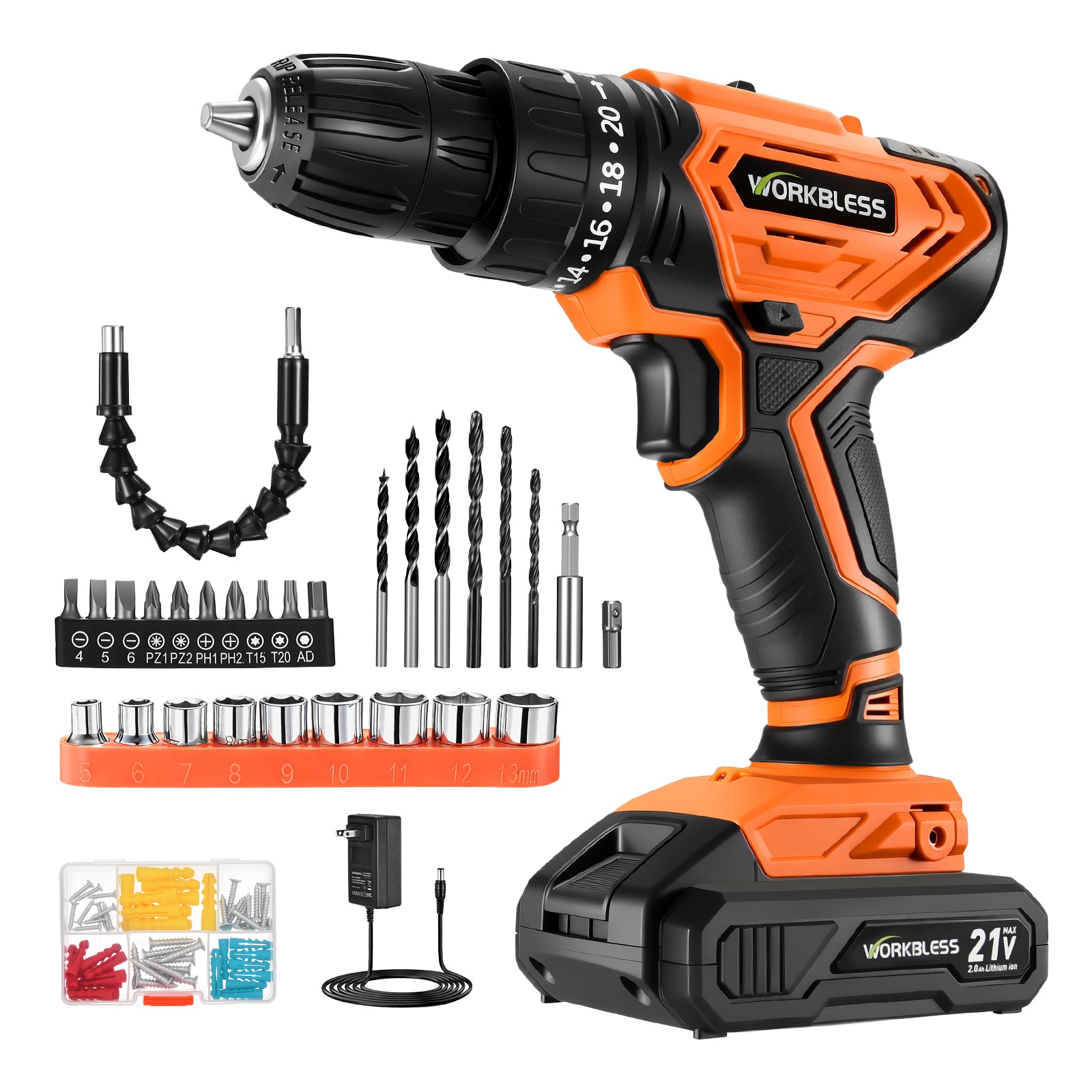 Unique Bargains Cordless Drill with Battery and Charger 3/8 Inch Keyless Chuck Variable Speed Drilling Driver Bits Set(Orange)