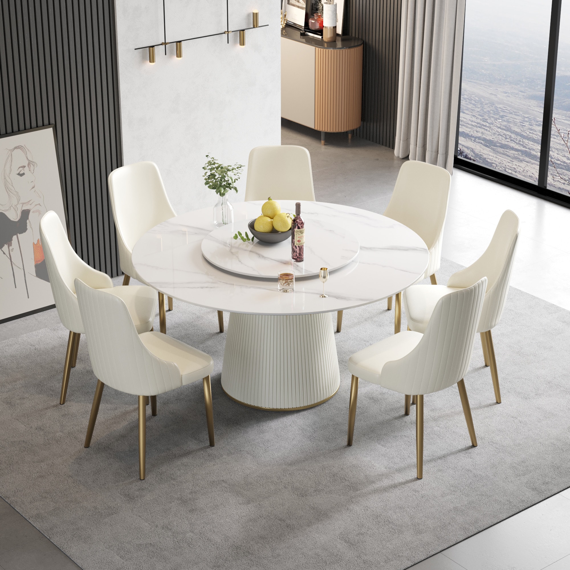 BuotiqHom DH-AT-150W80W-5W 59 in. White + Lazy Susan Round Contemporary/Modern Dining Table, Ceramic with Primed Metal Pedestal Base 59-in L x 29.5-in H