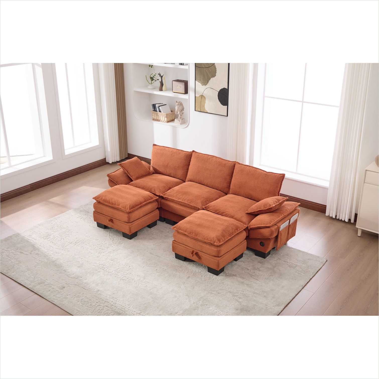 SunJet Orange-Toned Corduroy Sectional Cloud Sofa for Living Room ...