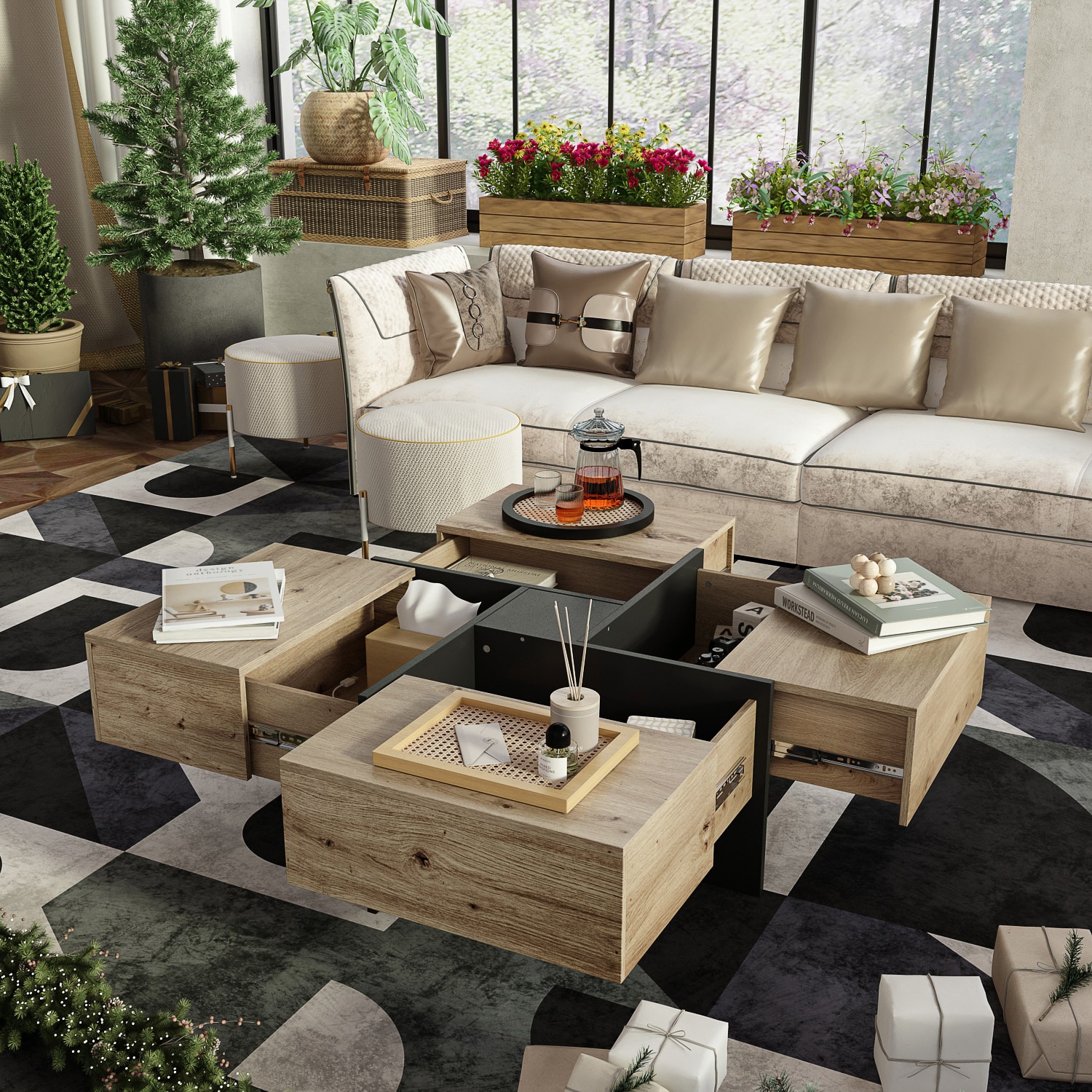 FUFU GAGA Brown Mdf Modern Coffee Table with Storage in the Coffee