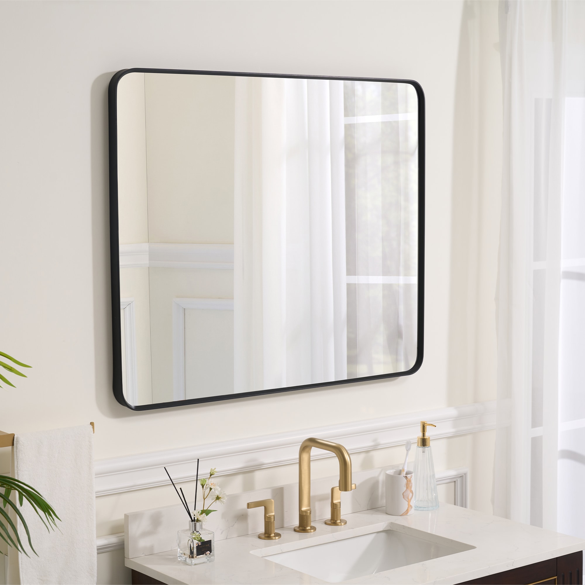 WELLFOR F1 Bathroom Mirror 30-in x 36-in Black Framed Bathroom