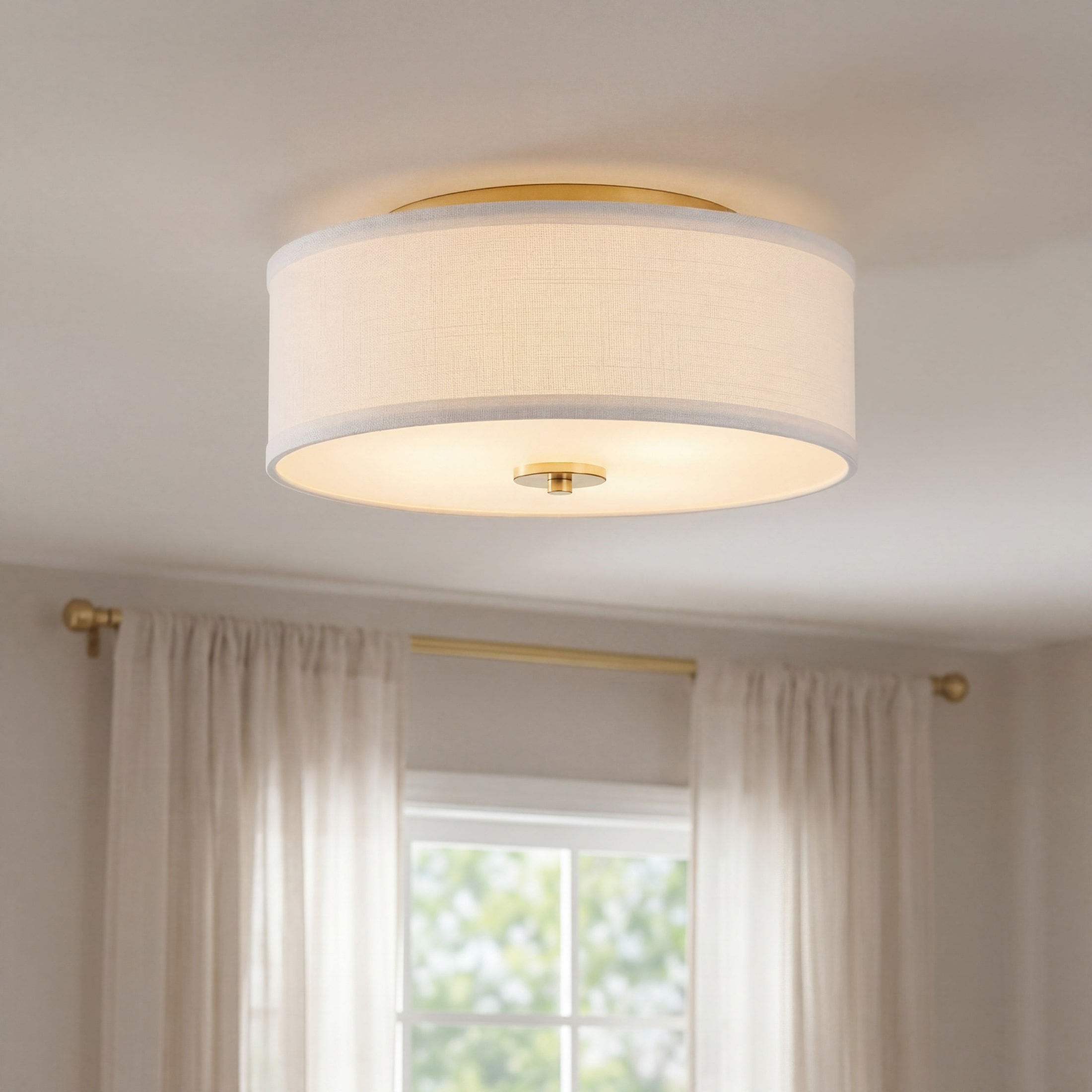 Progress Lighting Inspire 13-in Satin Brass Indoor 2 -Light Flush Mount Light with Fabric Shade