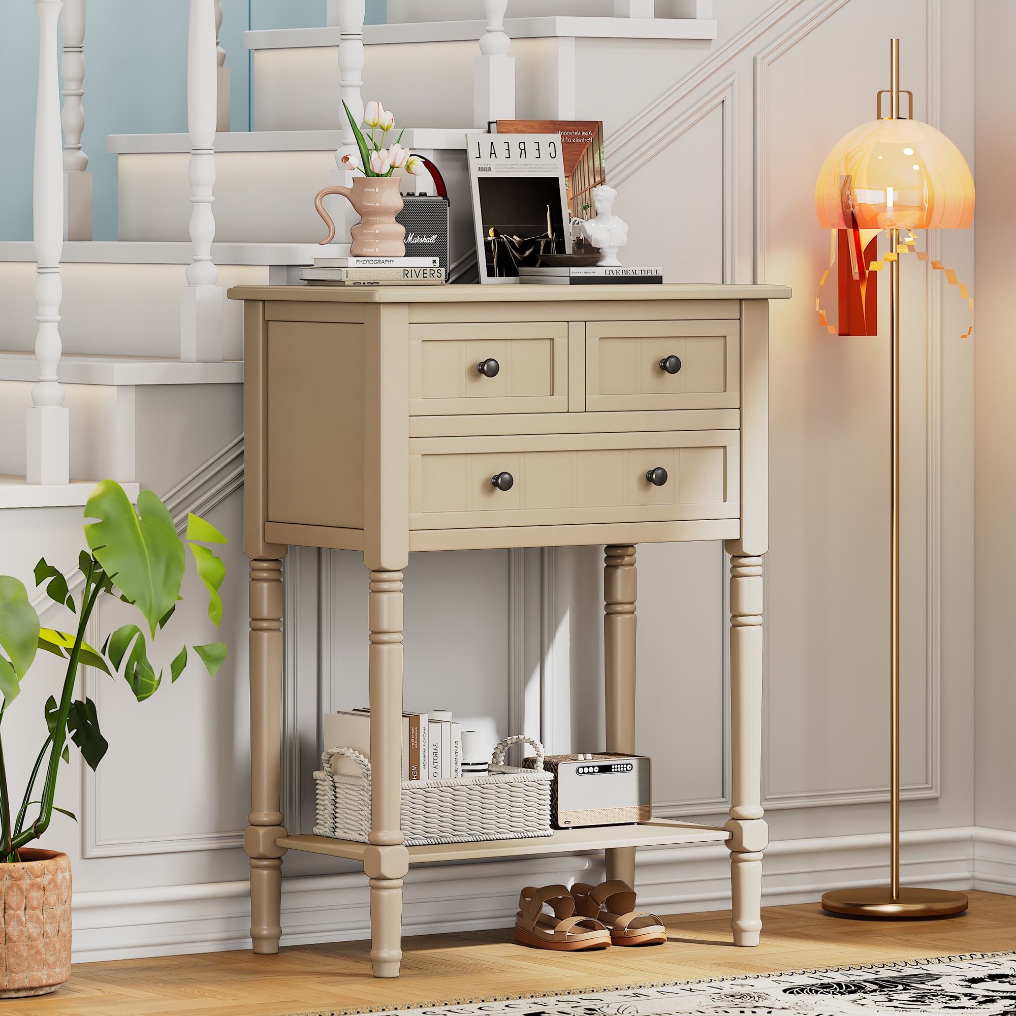 ModernLuxe N715P180478A Narrow Console Table Slim Sofa Table with Three Storage Drawers and Bottom Shelf Beige