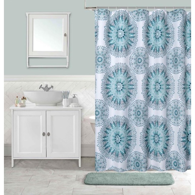 Polyester Aqua Patterned Shower Curtain, Teal Grey White Shower Curtain