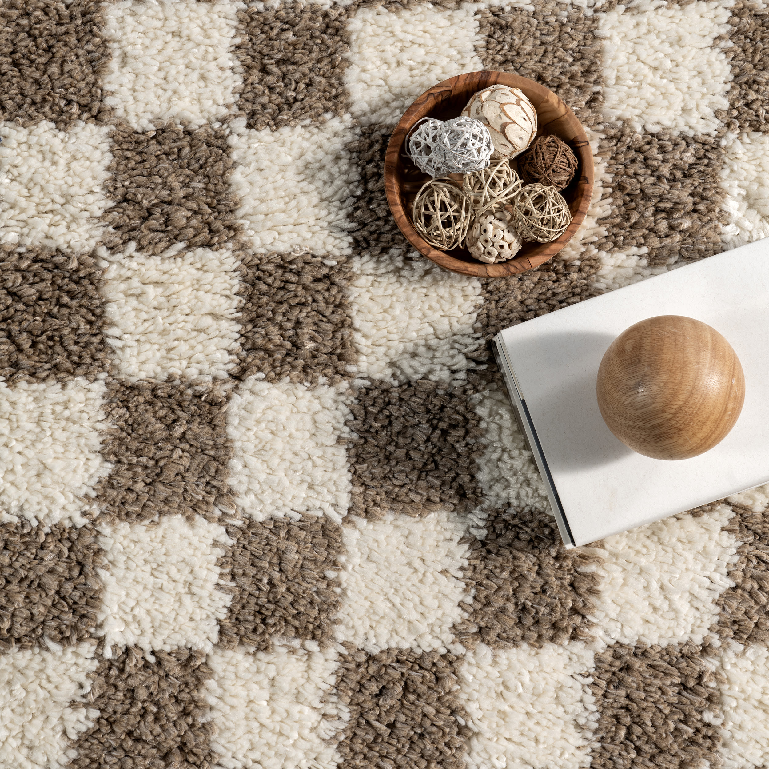 Beige and Brown Checkered Shag Synthetic Area Rug 6' x 9'