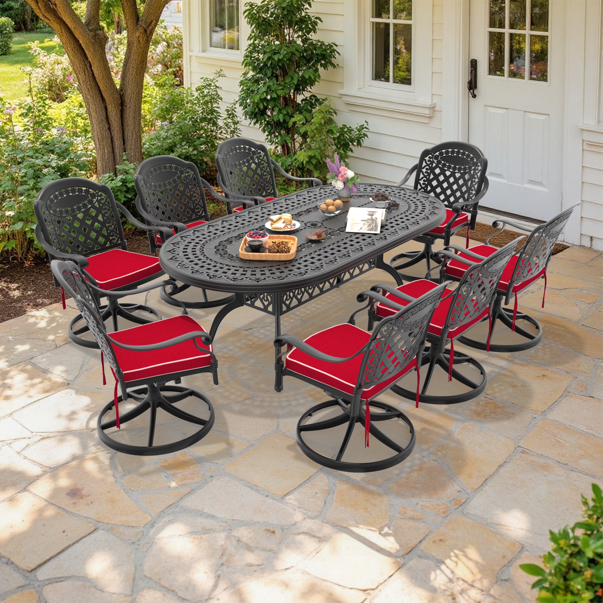 nicesure SLBK6008SC8A1120 9 -Piece Black Patio Dining Set Aluminum Oval Table with 8 Cushions Swivel Rocker Chairs