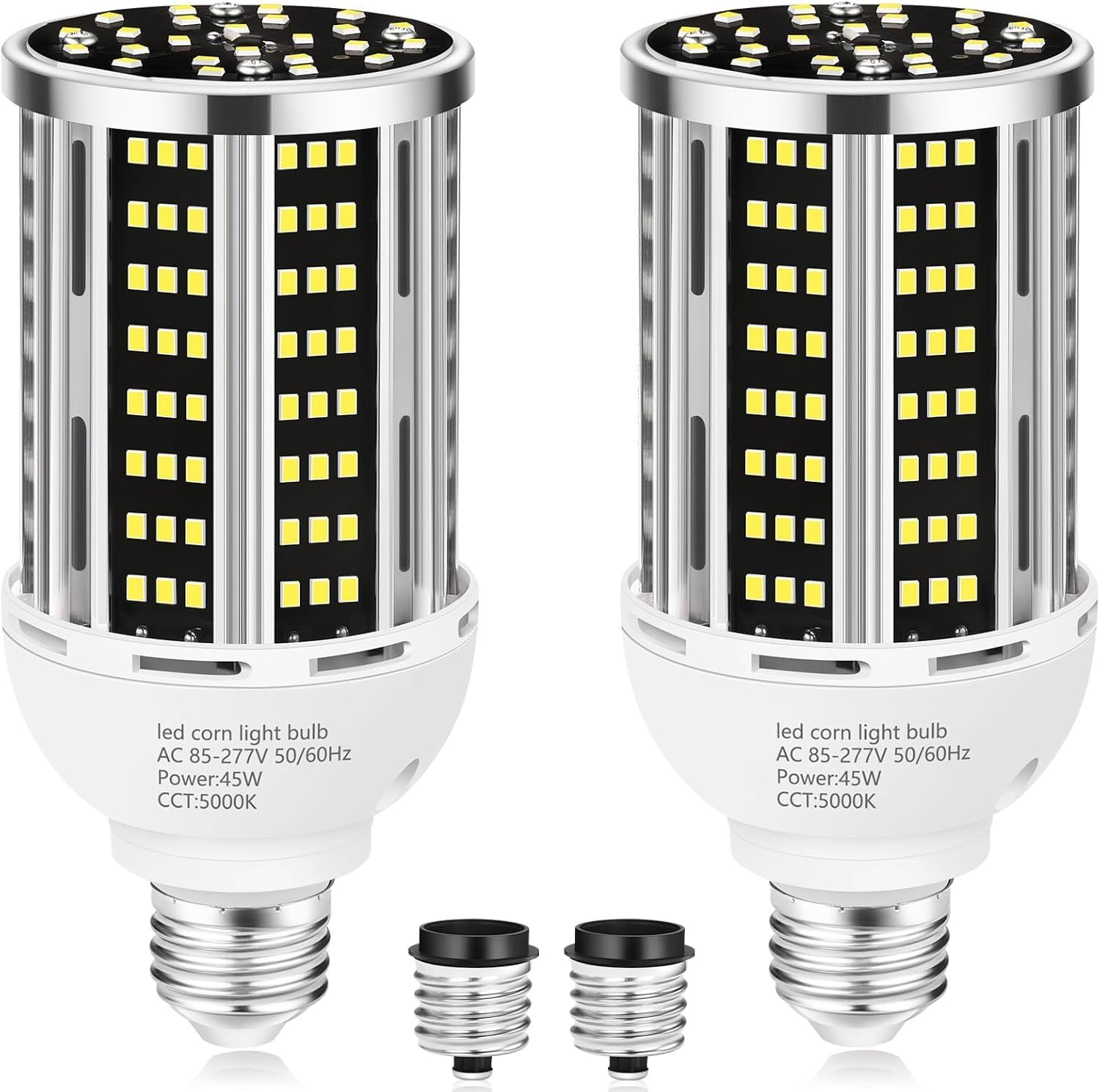 JUSJUBR 2 Pack 45W Commercial Grade High-Brightness LED Corn Bulb 400W Equivalent 6000LM 5000K Daylight E26 E39 Medium Mogul Base Wide Area Illumination for Indoor Outdoor Garage Warehouse Street Factory Bay Light