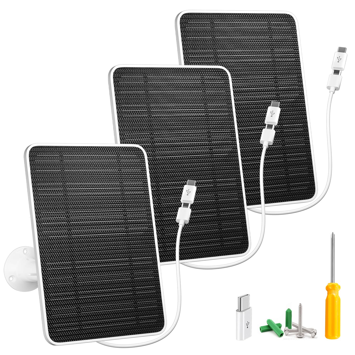 Oyezvary  5W USB Solar Panel for Security Camera with Micro USB and USB C Port IP65 Waterproof 360 Degree Adjustable Mounting 13ft Cable 3 Pack