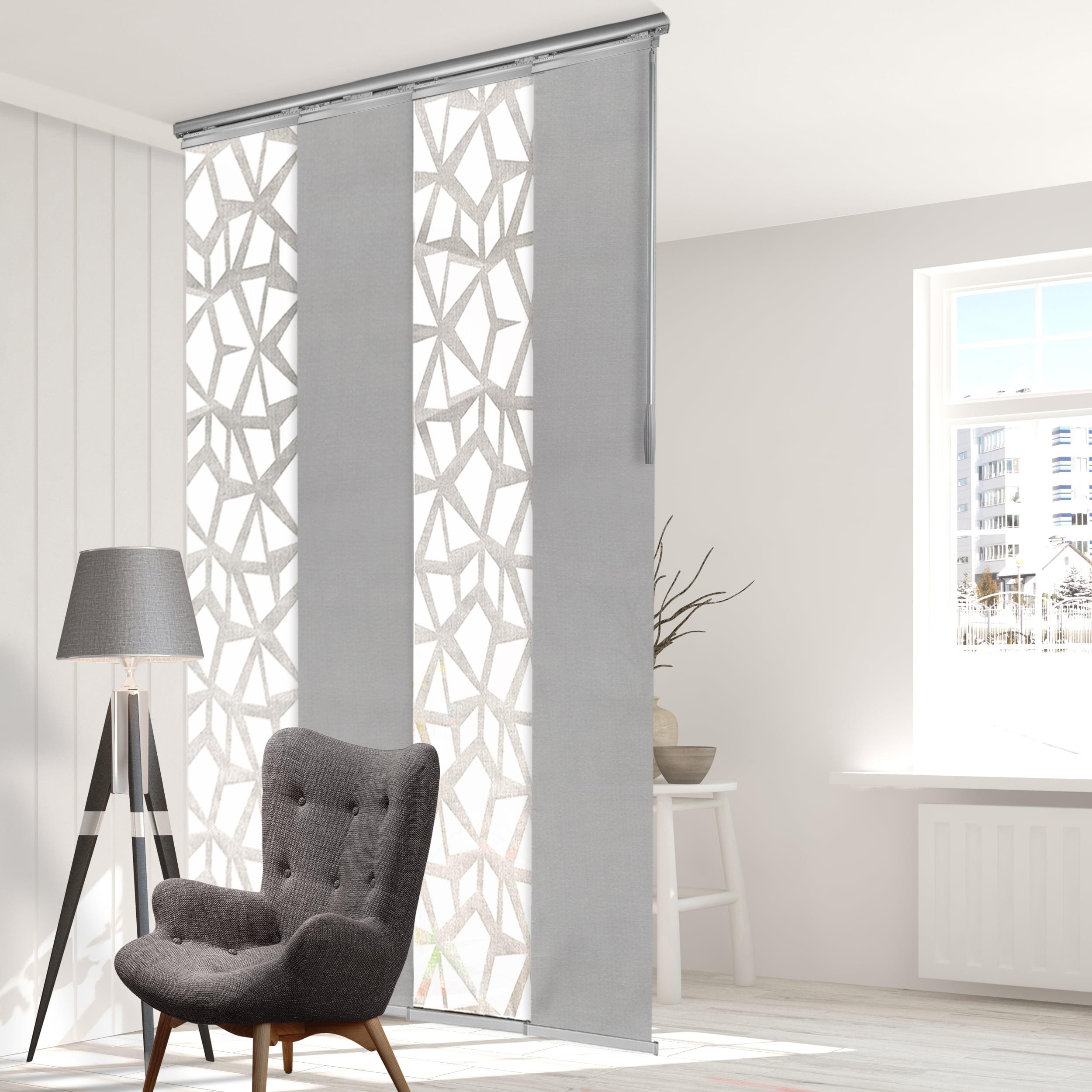 Hart & Harlow L-T16-4-2P10D2P26D 4-Panel Single Rail 15.75-in Slat Width 57-in x 91.4-in Cordless Lattice, Fiord Fabric Light filtering Panel track blinds